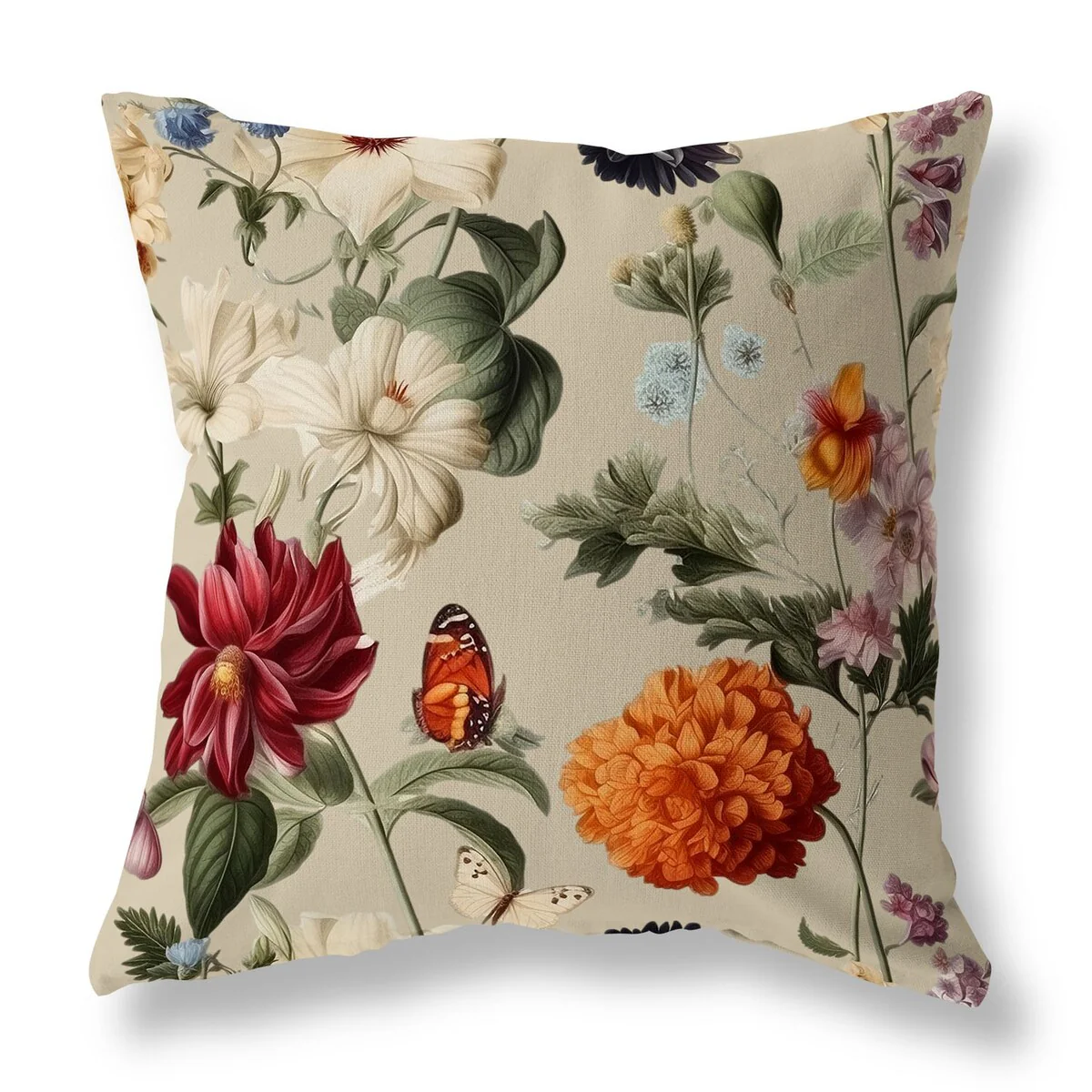 Ivory And Multi Mixed Flower Delight Indoor/Outdoor Throw Pillow Zipper