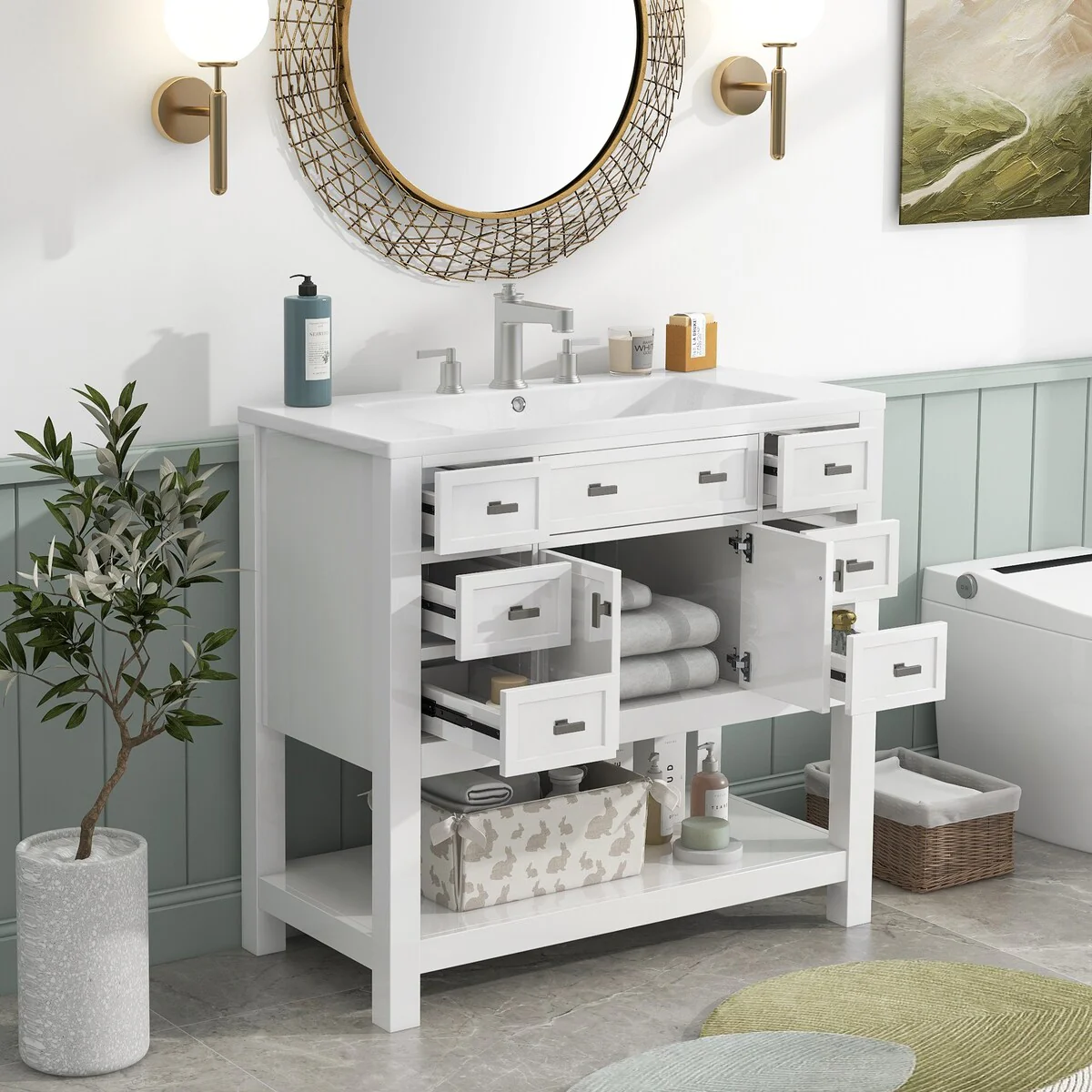 36'' Bathroom Vanity Modern Bathroom Storage Cabinet with 6 Drawers