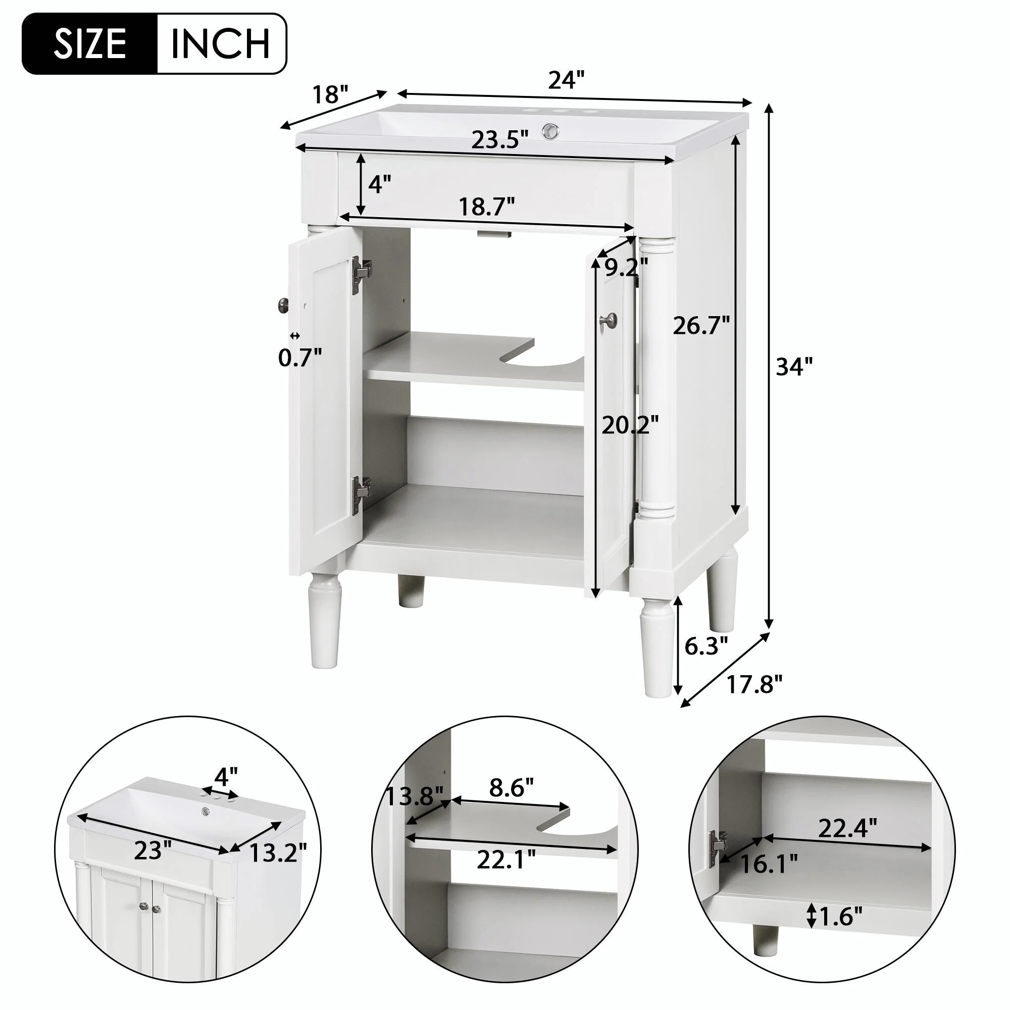 24'' Bathroom Vanity with Top Sink: Modern 2-Tier Storage Cabinet, Single Sink, Large Shelves