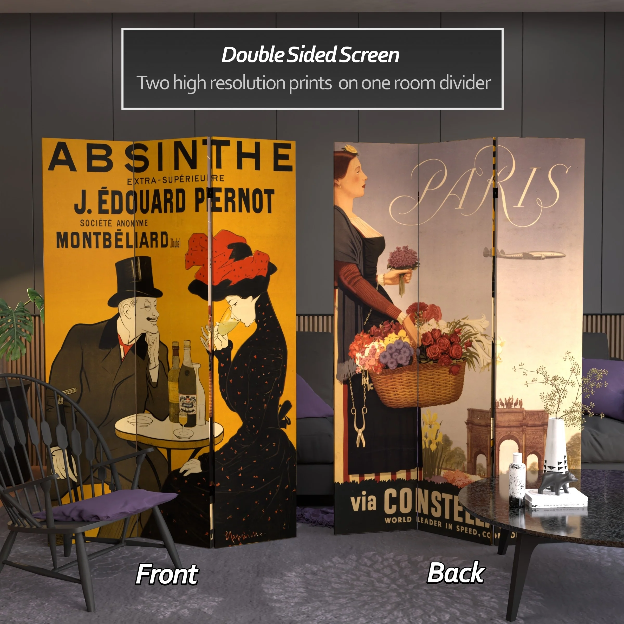 Handmade Canvas Double-sided 6-foot Absinthe Room Divider (China) - 70.8 x 48