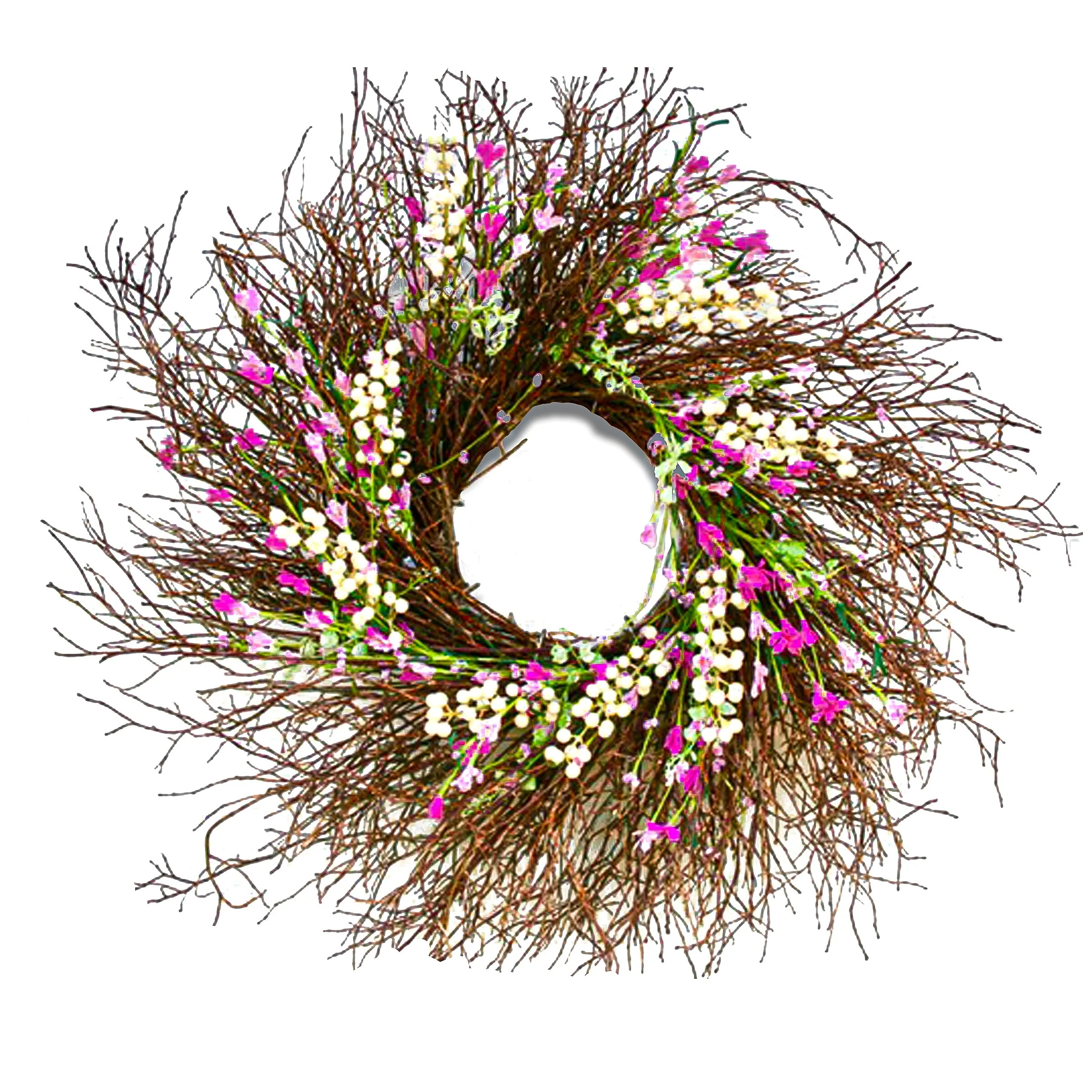 National Tree Company 24 inch Artificial Spring Wreath with Dark Pink and Cream Forsythias, Swirl of Bristle Twigs