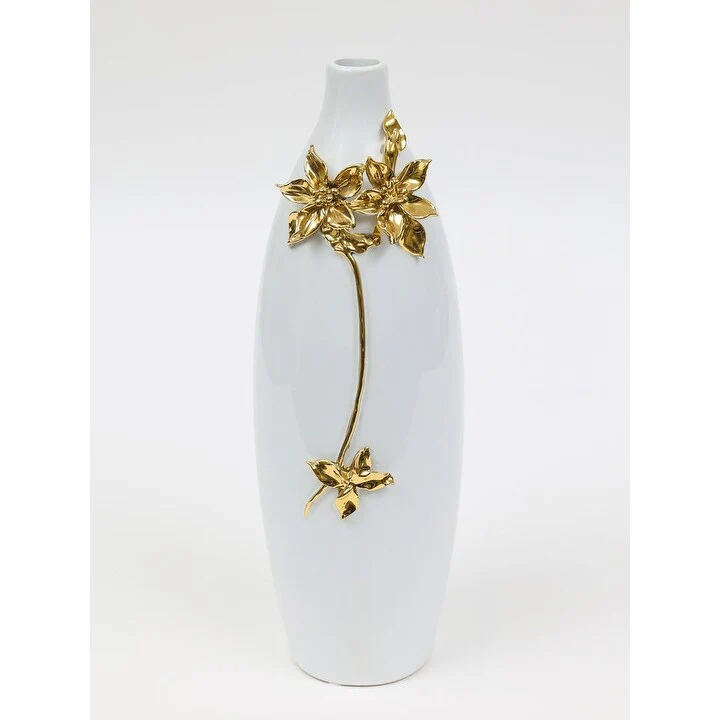 Tall White Vase with Gold Flower Design