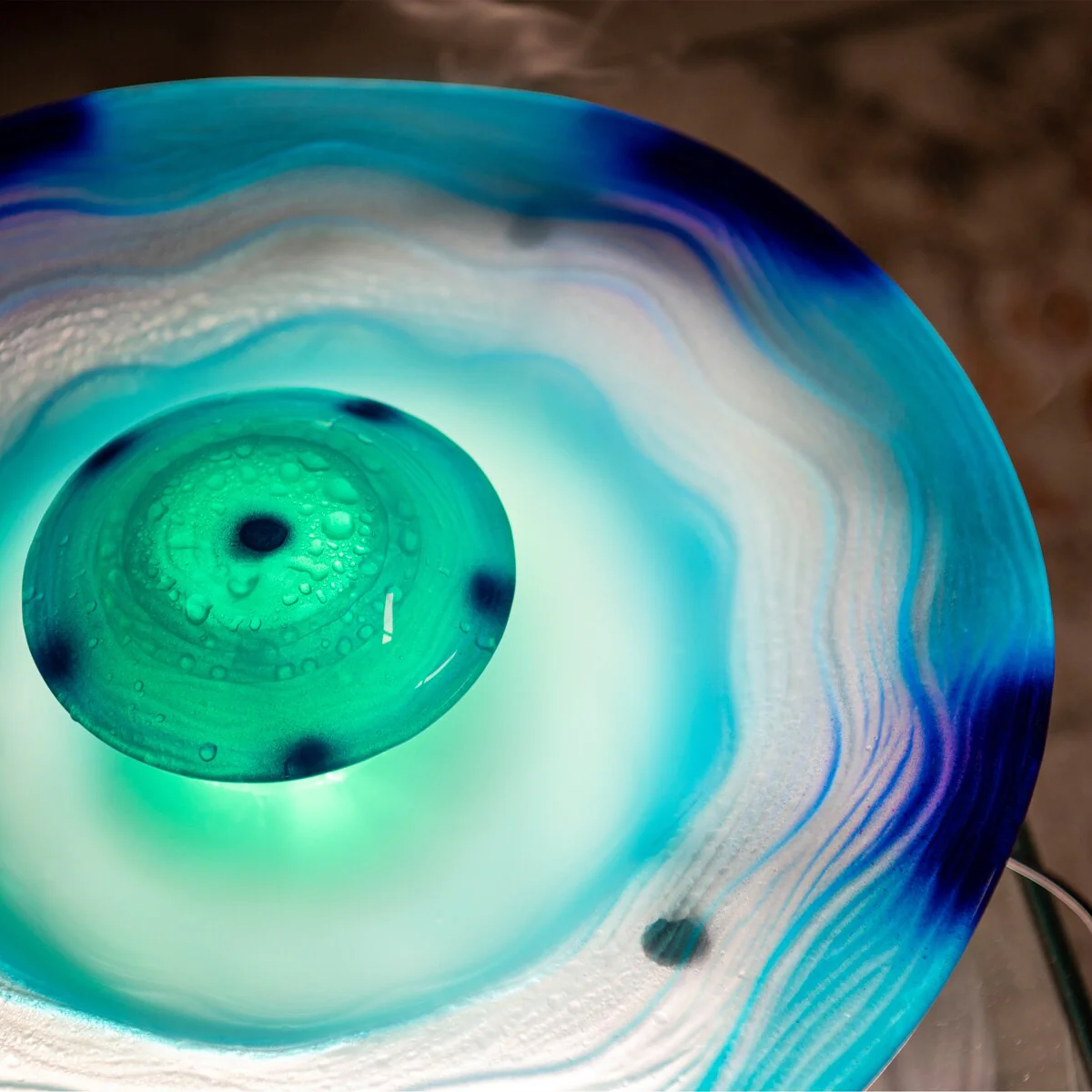 8in Tabletop Mist Fountain with LED Lights and Inline Control – Elegant Blue Glass and Metal Design, Tabletop Mist Fountain