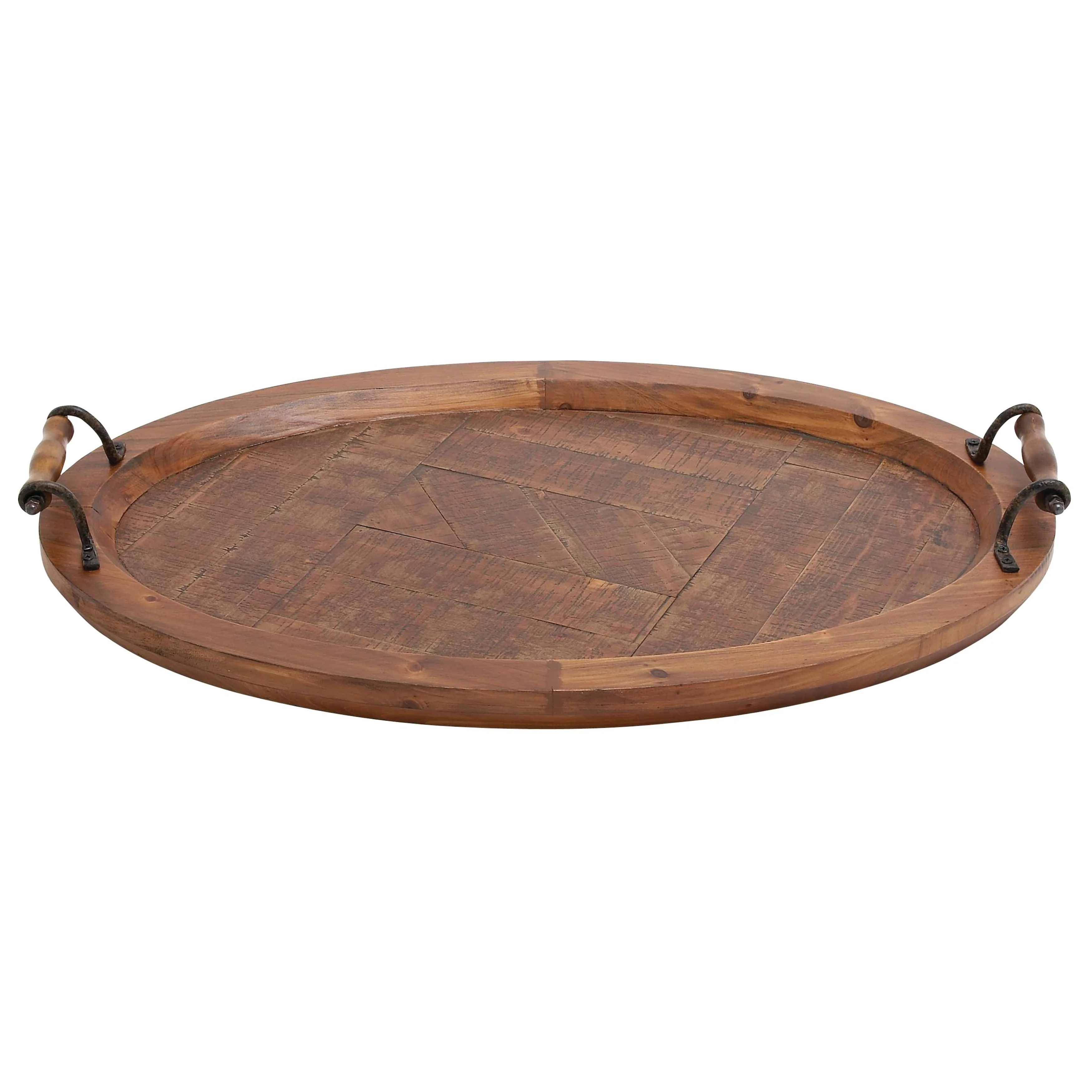 Wood Large Oval Tray with Scroll Metal Handles - Brown - Roche River Decor - 19