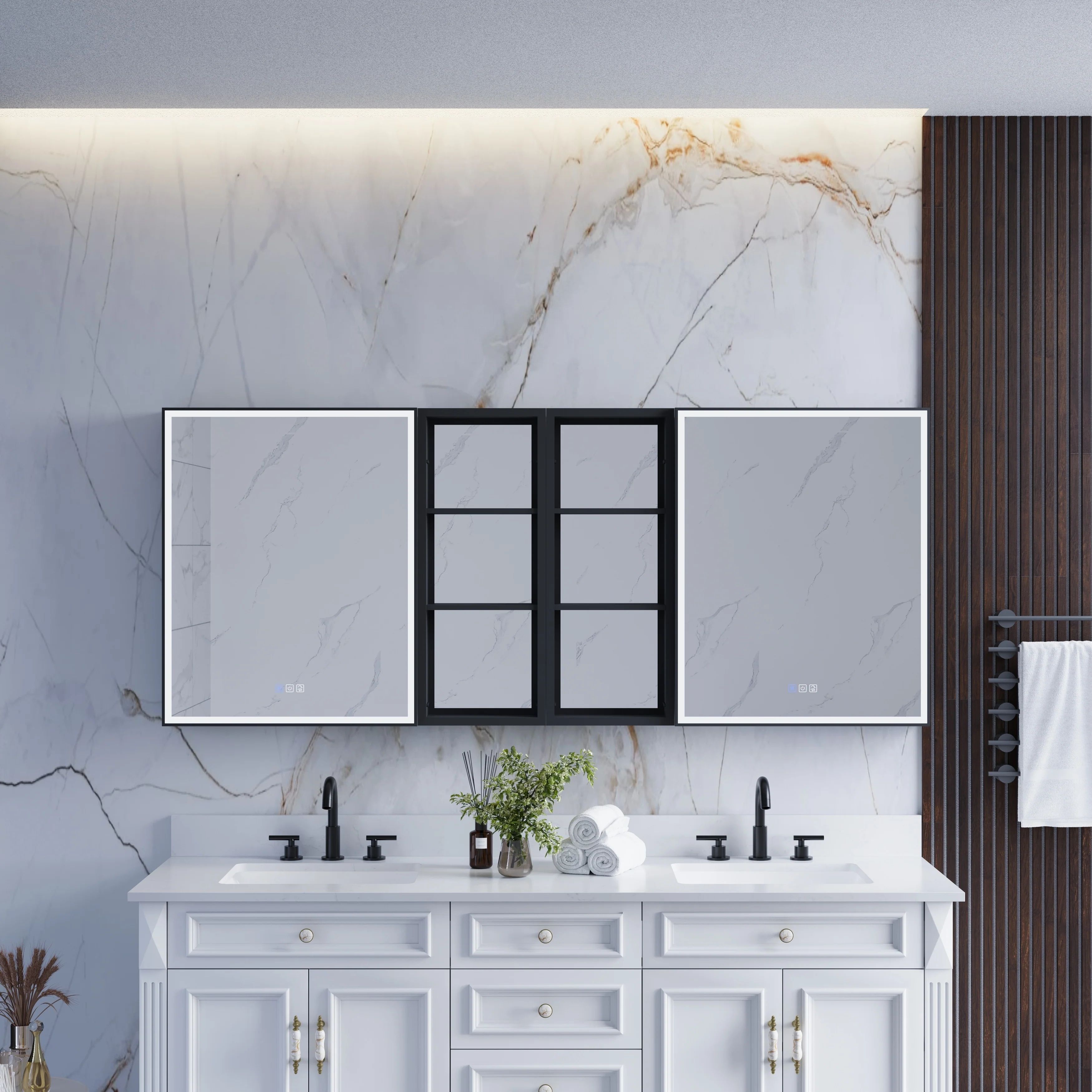 30 in. H Recessed or Surface Wall Mounted LED Mirror Cabinet With Black Side Cabinet