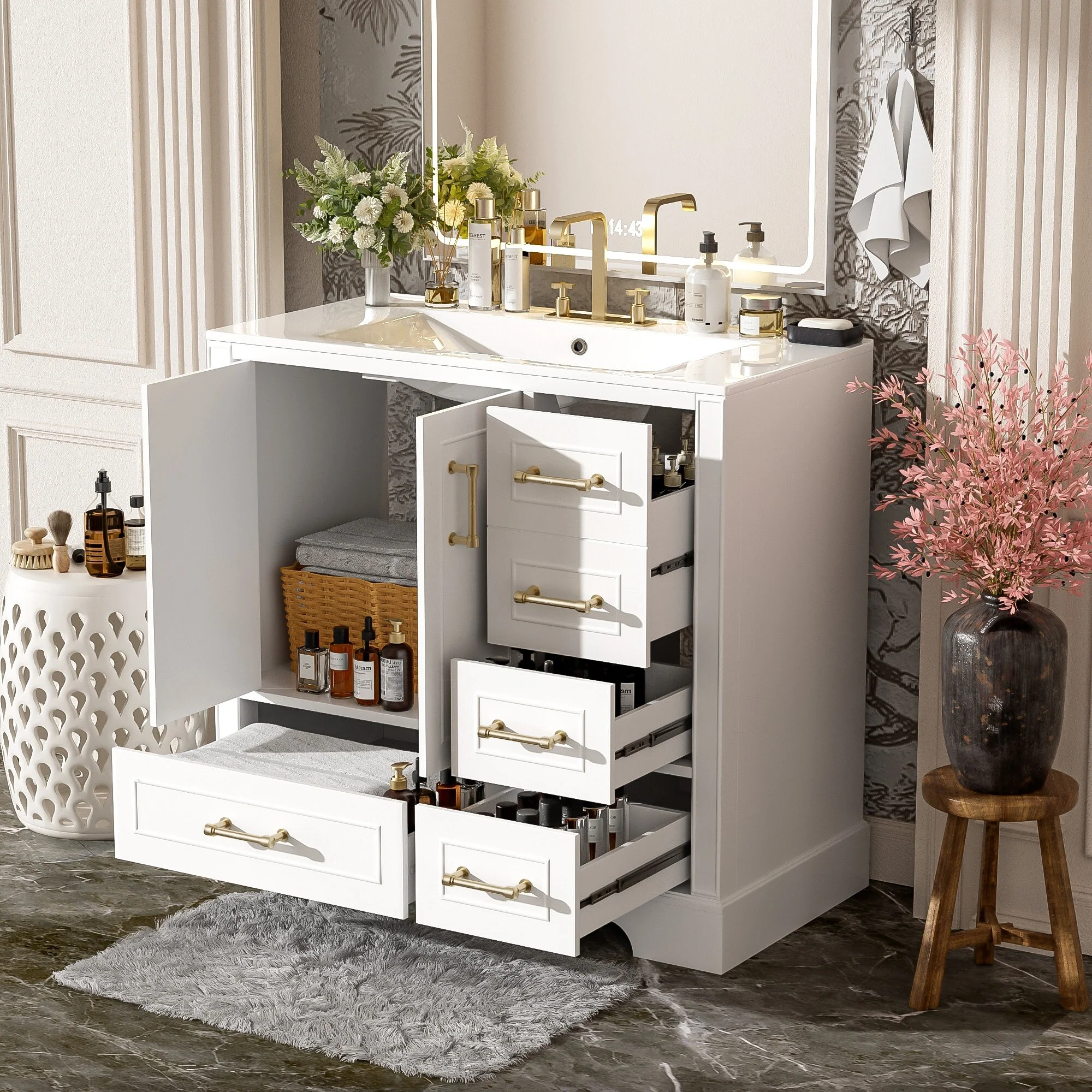 Bathroom Vanity with Resin Sink, Bathroom Vanity Set with 4 Drawers, Bathroom Storage Cabinet with 2 Soft Close Doors