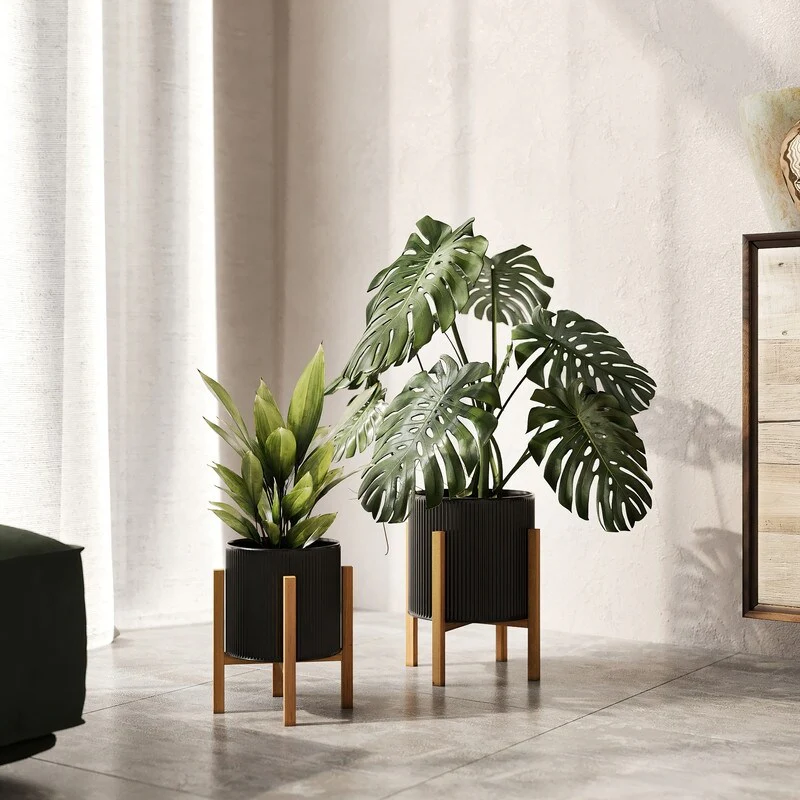 Everett Black Indoor Metal Pot Planter With Kinsley Wood Base Set - 12