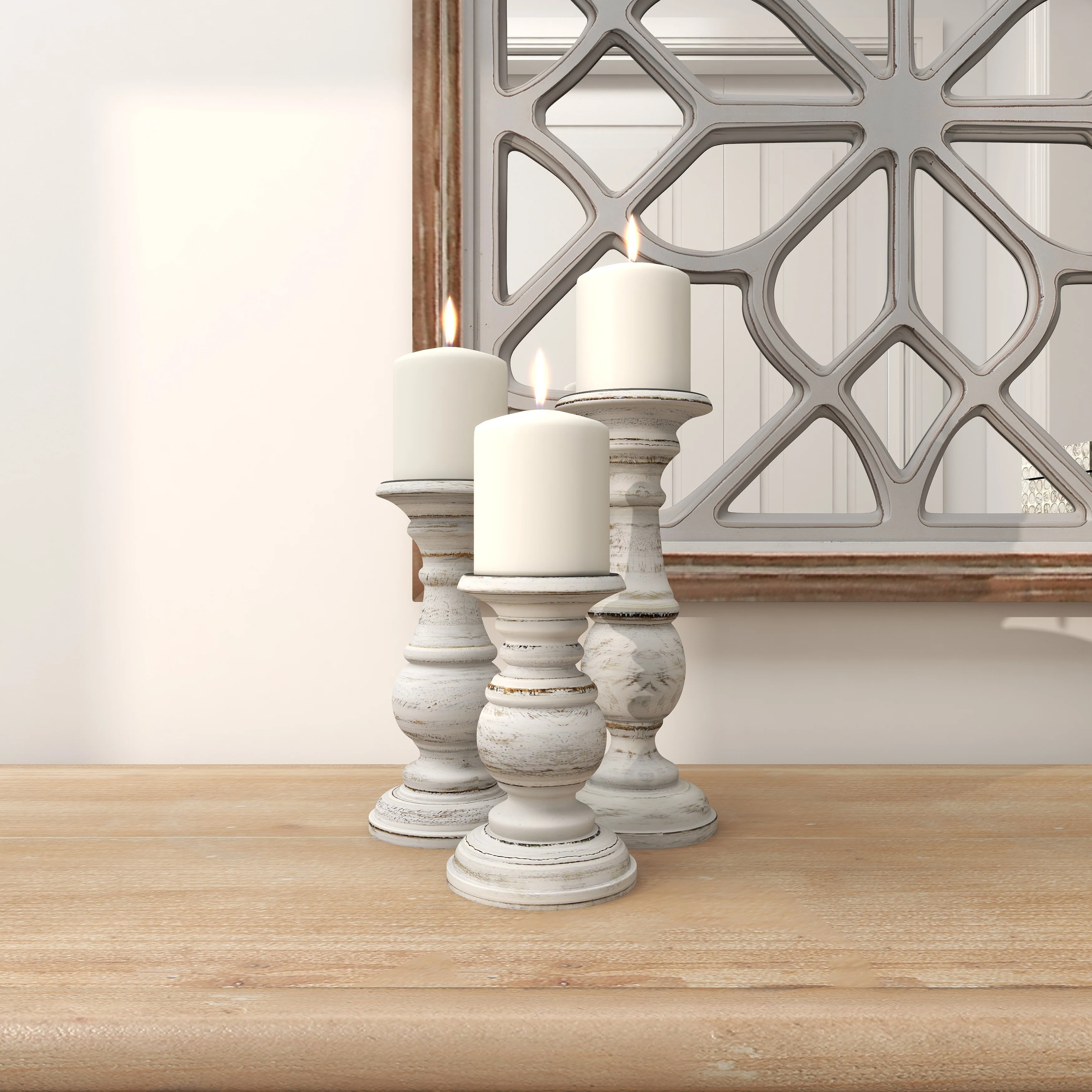 Mango Wood Turned Style Pillar Candle Holder (Set of 3) - White, Brown, Gold, Black, Light Blue, Cream, Silver