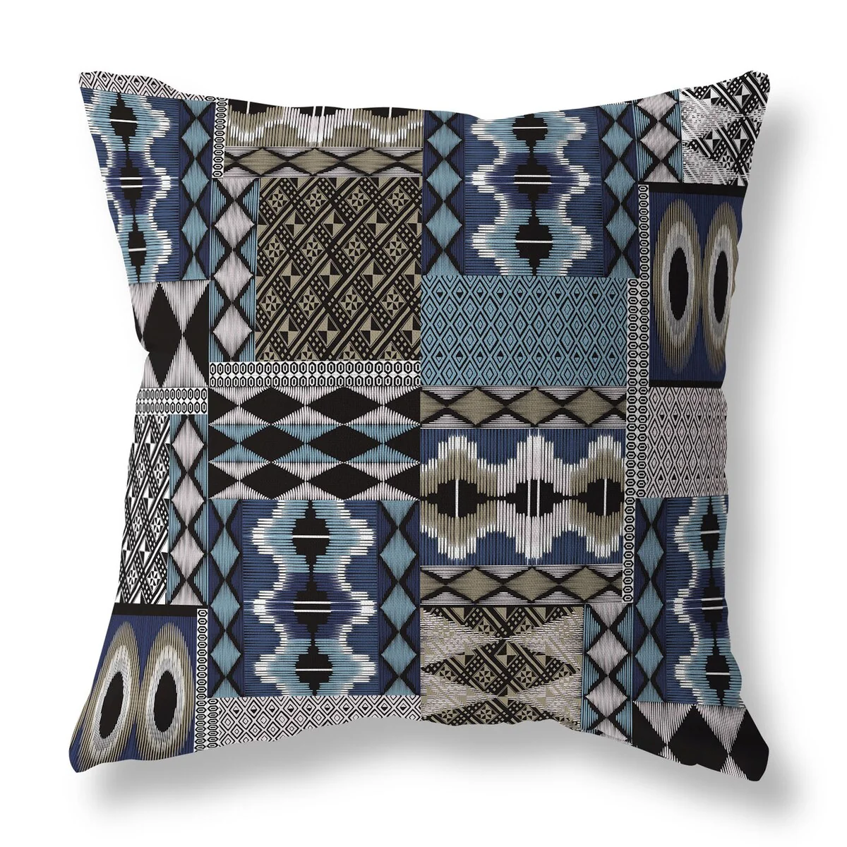 Blue And Brown Patched Perfection Faux Suede Throw Pillow Zipper