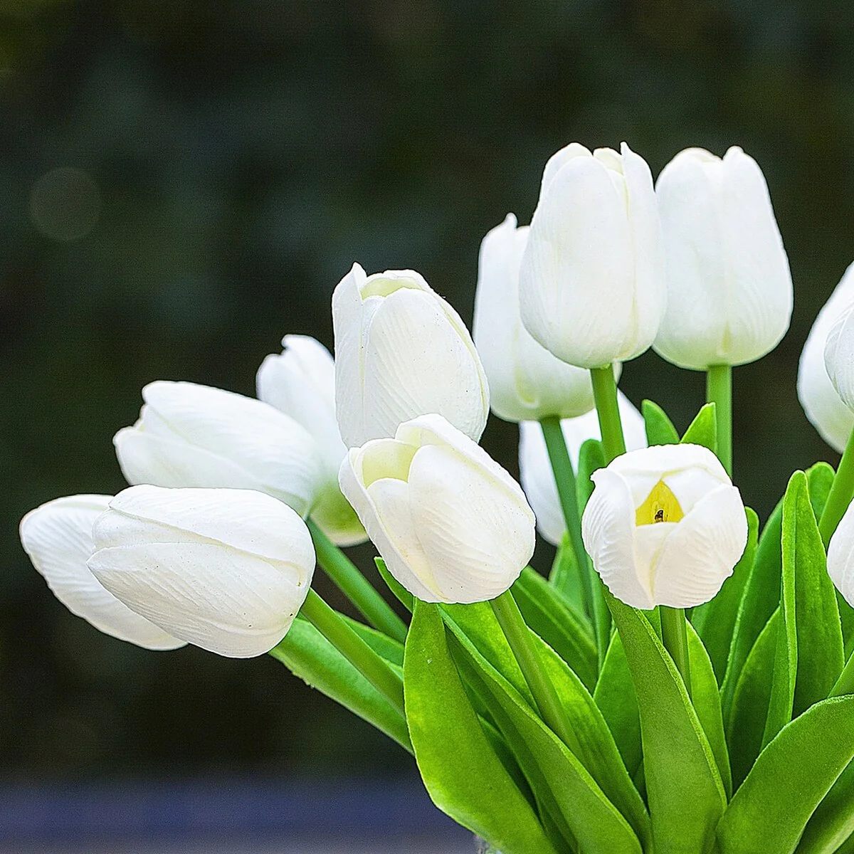 Enova Home 20 Pieces Artificial Real Touch Tulips Fake Silk Flowers Arrangement in Cube Glass Vase with Faux Water