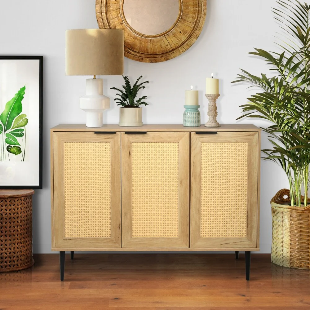 47.24 '' Wooden Storage Cabinet with 3 Rattan Doors and 3 Shelves