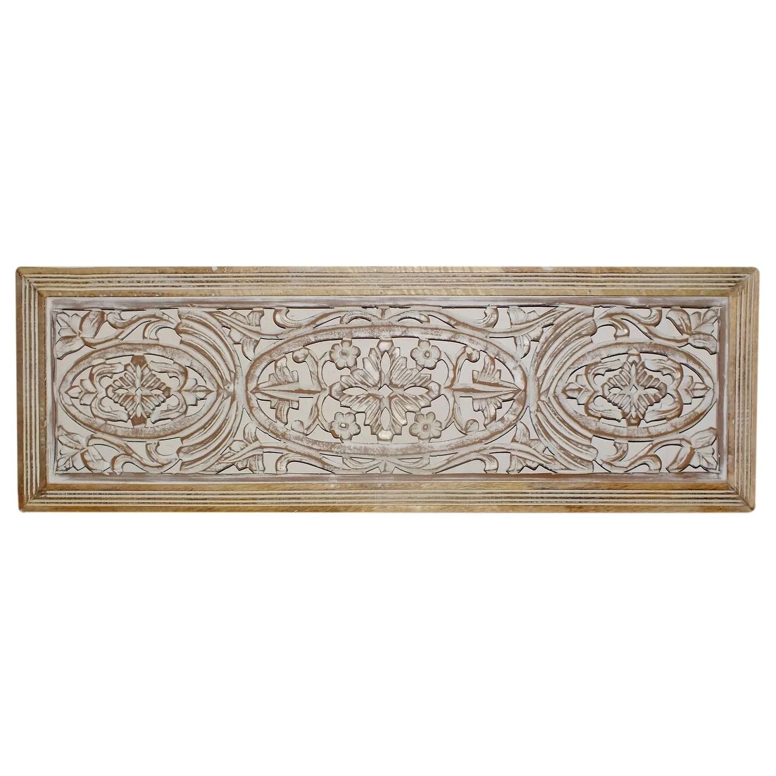 Rectangular Mango Wood Wall Panel Hand Crafted With Intricate Carving, White and Brown