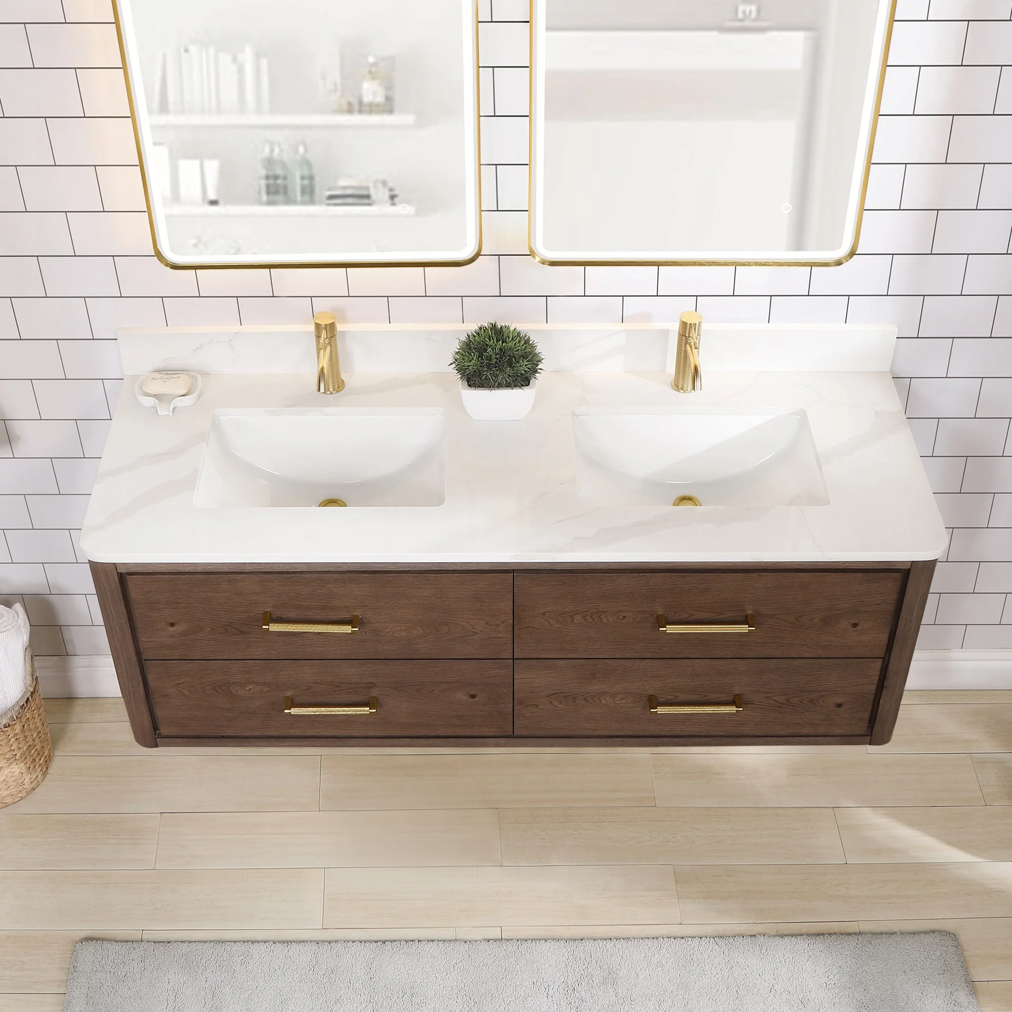 Cristo Floating Bath Vanity with White Quartz Stone Top and Mirror