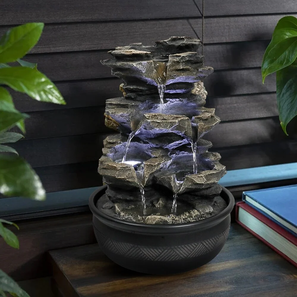 15.7in 4-Tier Cascading Rock Falls Tabletop Water Fountain w/LED Light