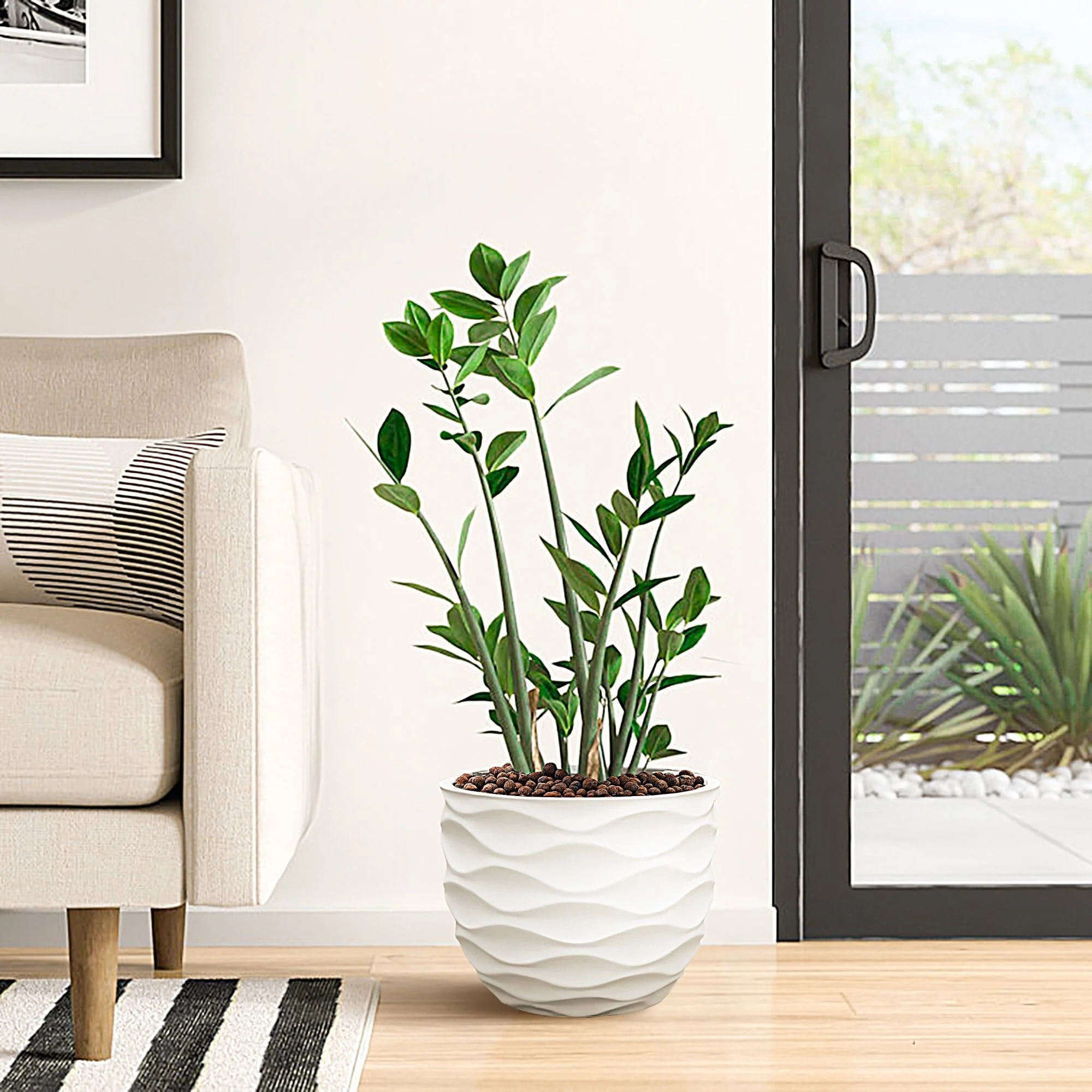 White Horizontal Waves Round MgO Indoor/Outdoor Planter - 11.61