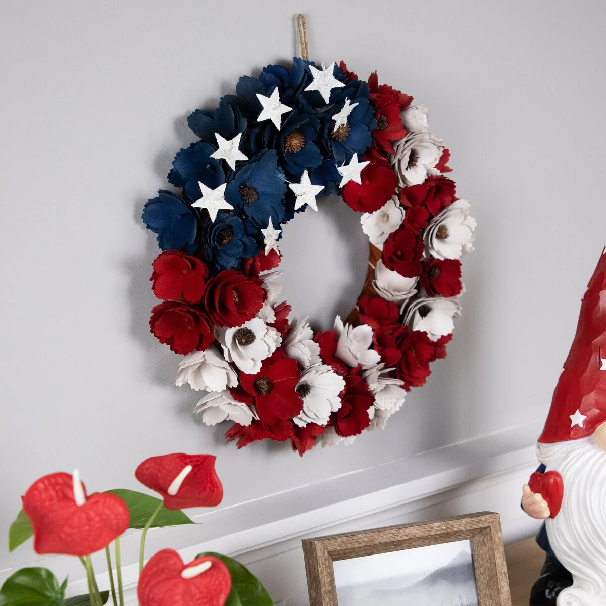 Americana Floral Flag Wooden Wreath - Unlit - 15