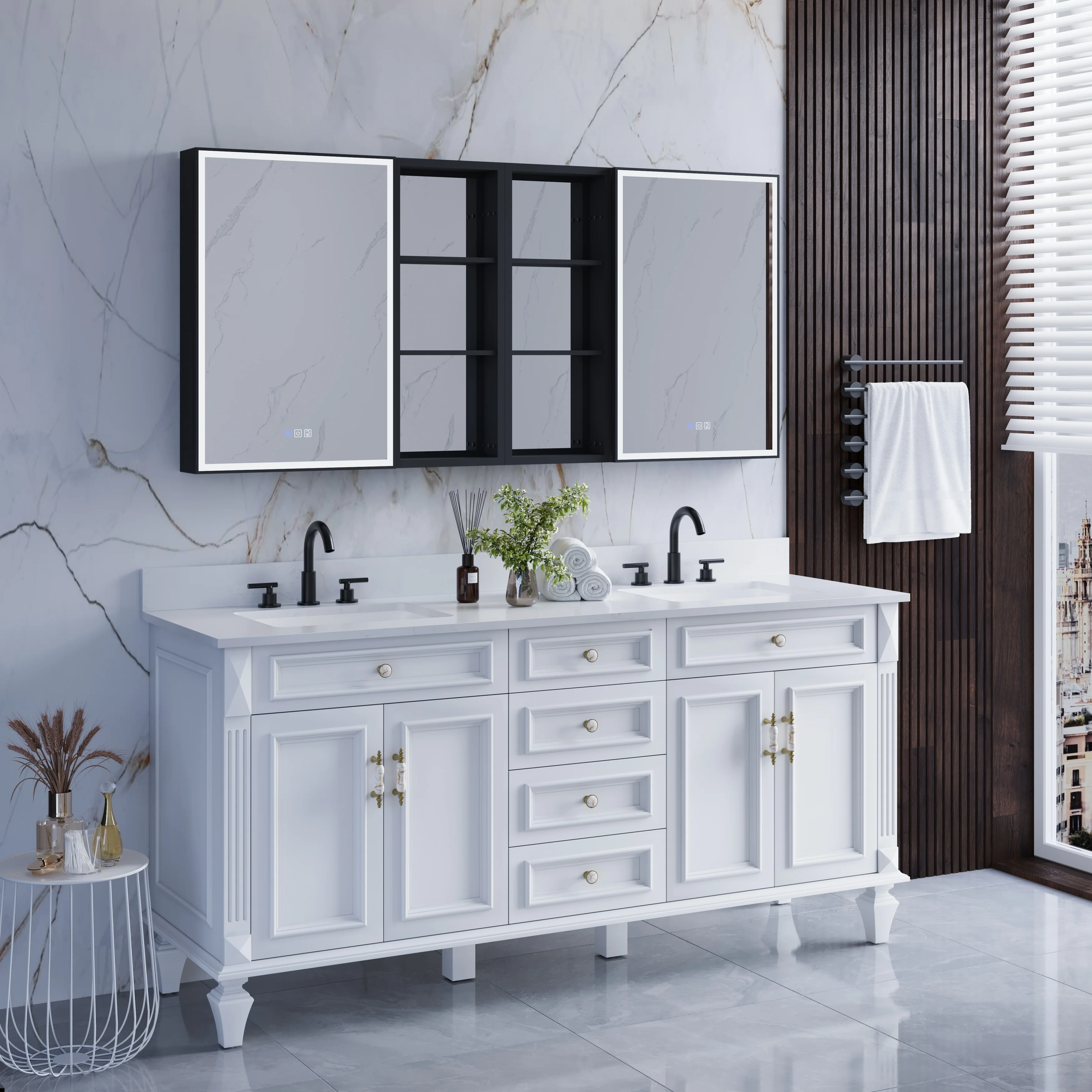 30 in. H Recessed or Surface Wall Mounted LED Mirror Cabinet With Black Side Cabinet