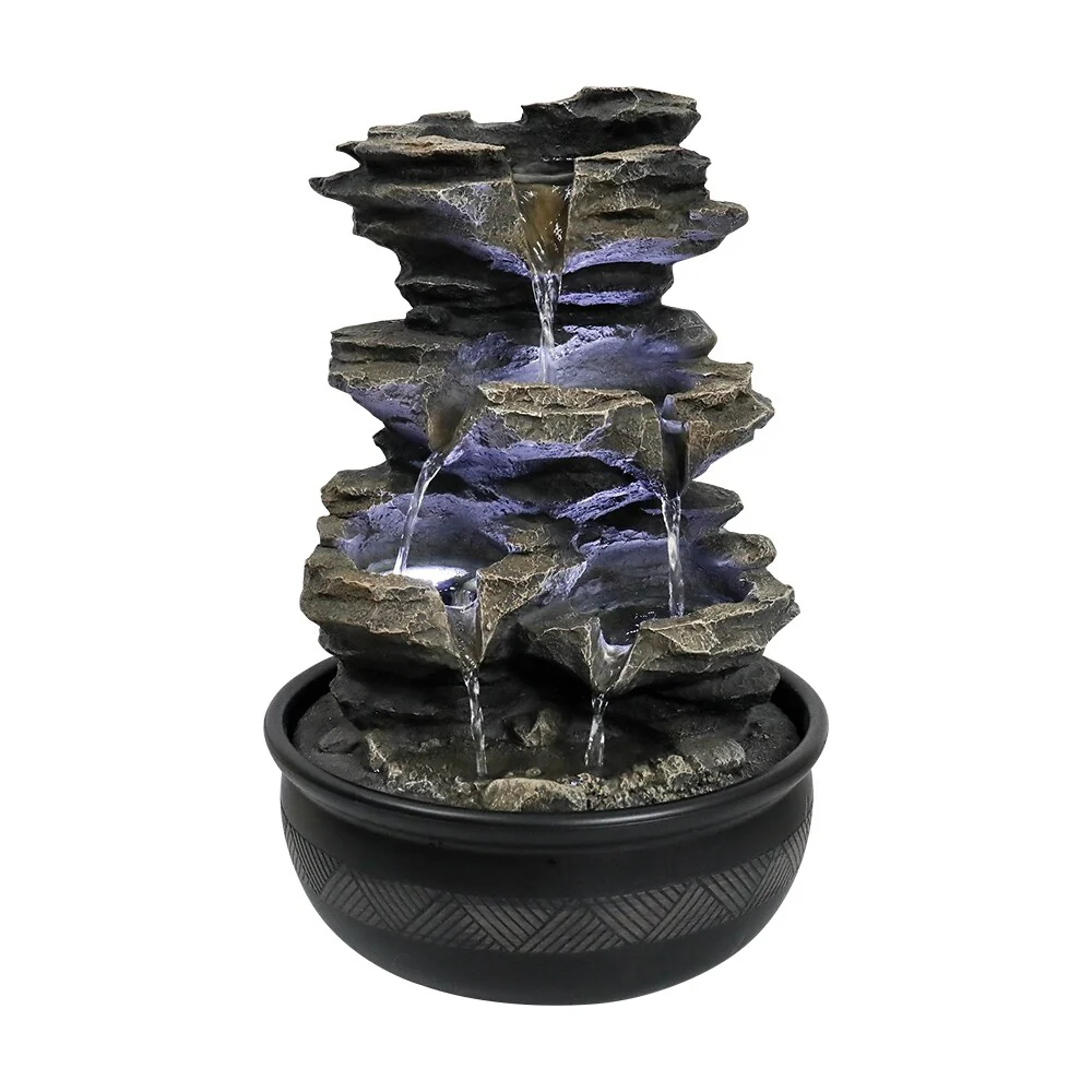 15.7in 4-Tier Cascading Rock Falls Tabletop Water Fountain w/LED Light