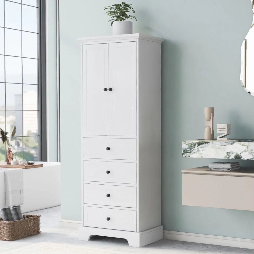 Storage Cabinet with 2 Doors and 4 Drawers for Bathroom Adjustable Shelf, MDF Board with Painted Finish