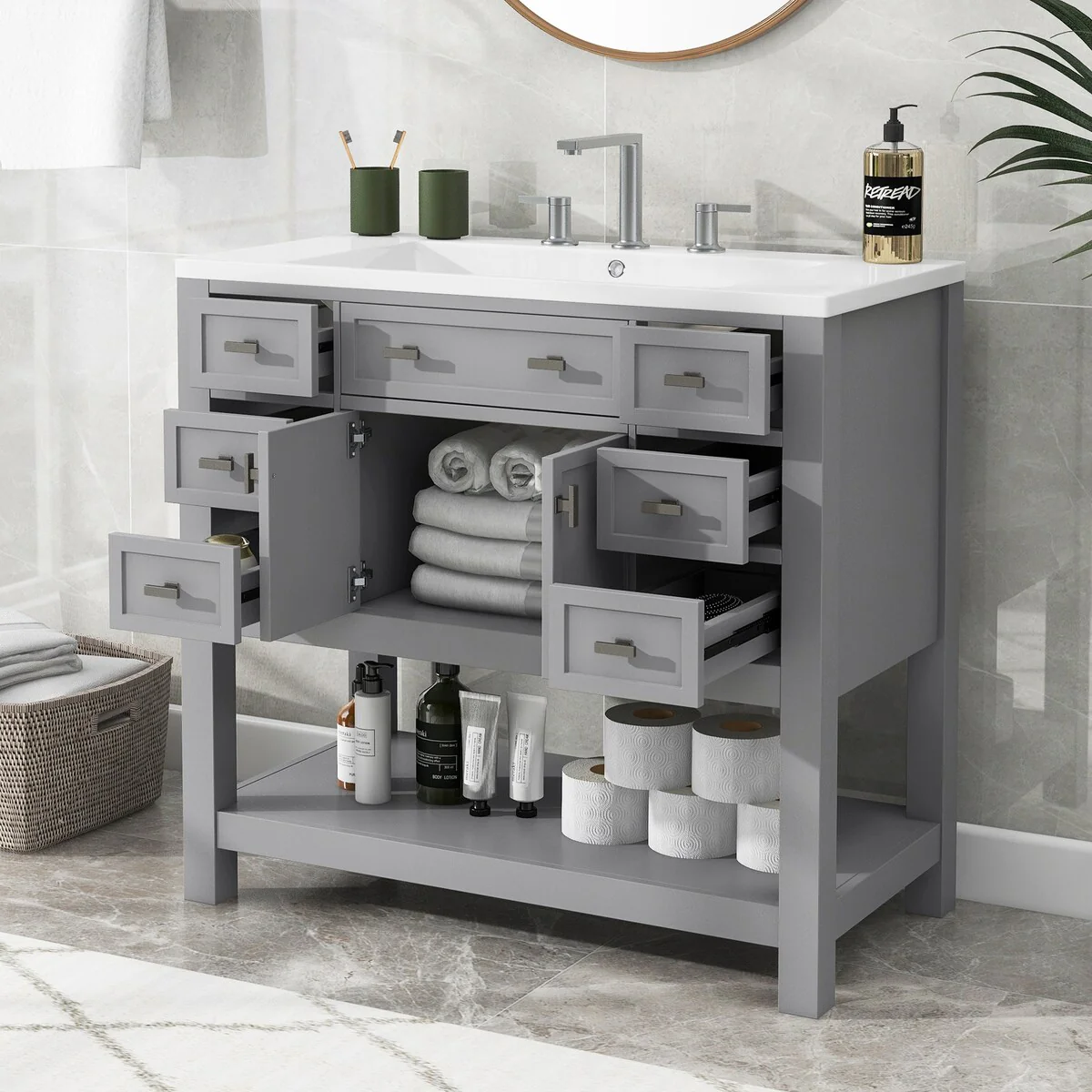 36'' Bathroom Vanity Modern Bathroom Storage Cabinet with 6 Drawers