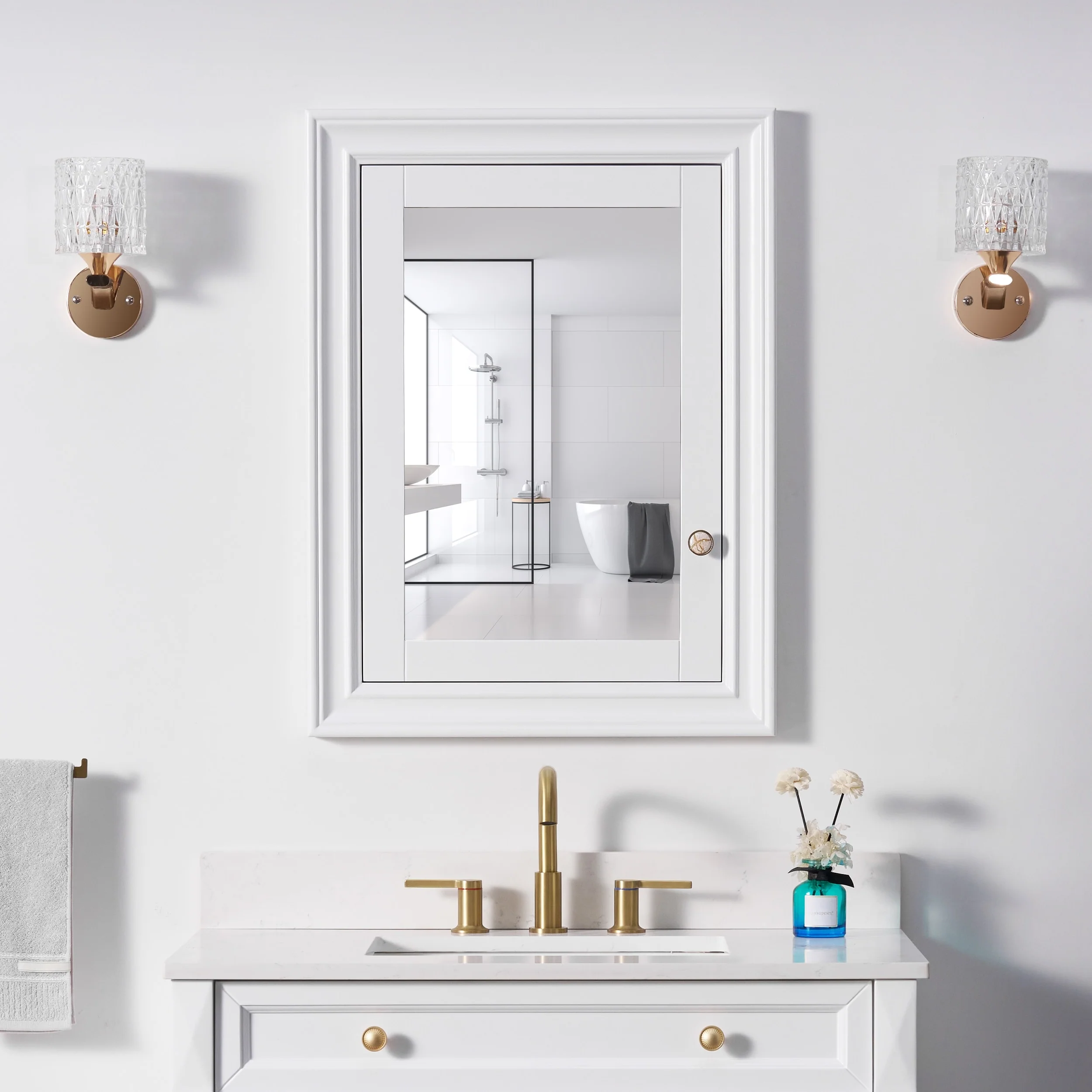 32''H Recessed Mount Solid Wood Framed Medicine Cabinet With Mirror and Shelves