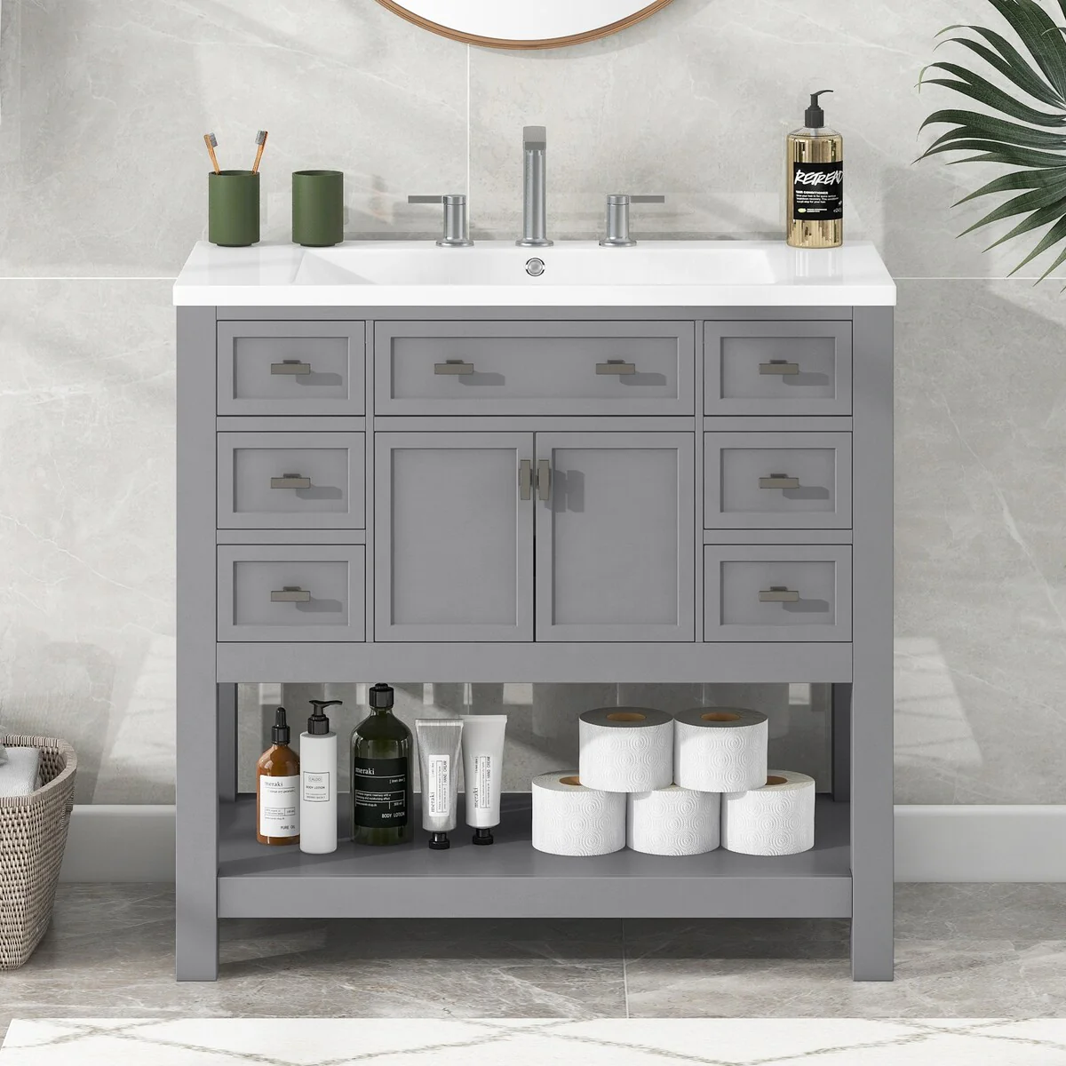 36'' Bathroom Vanity Modern Bathroom Storage Cabinet with 6 Drawers