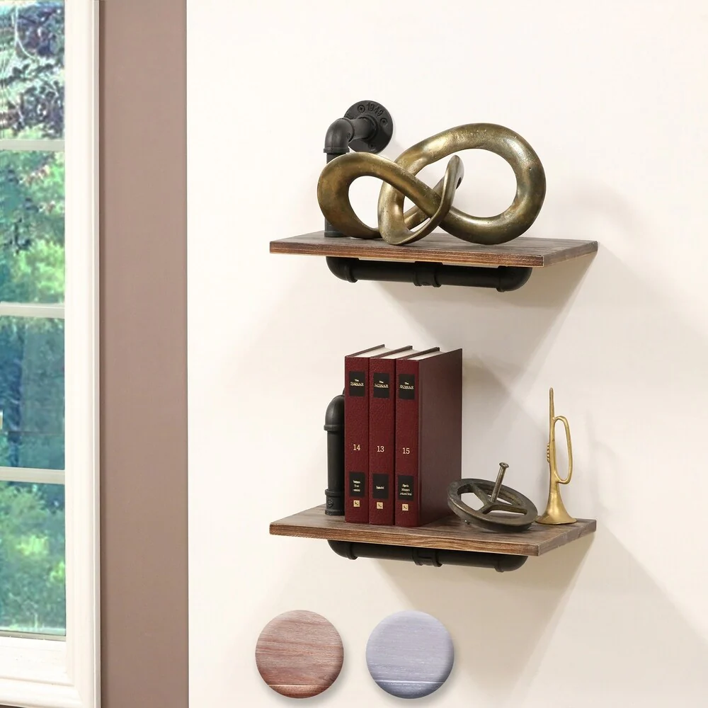 Carbon Loft Foronjy Paired Weathered Wood and Black Pipe Wall Shelves