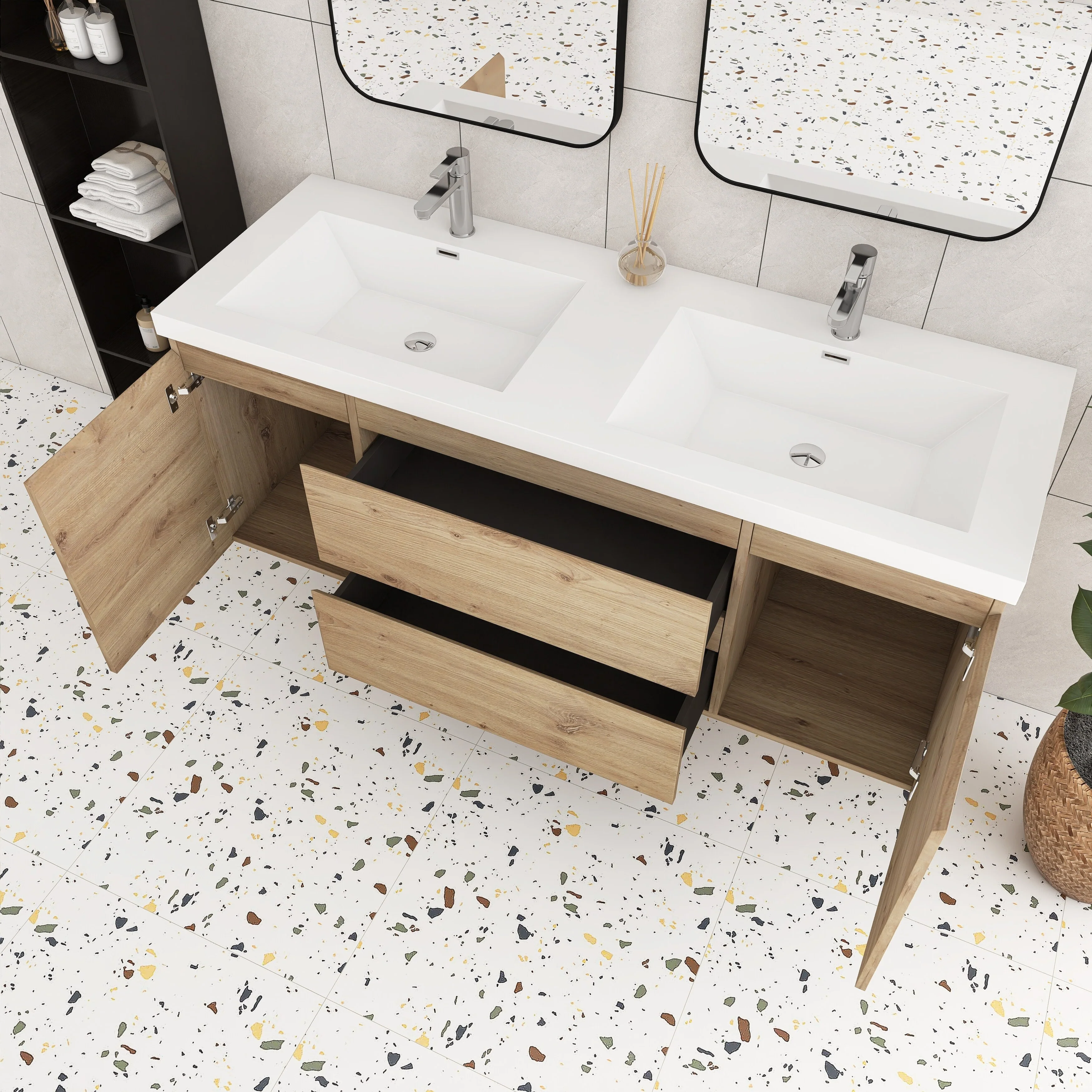 Angela Wall Mounted Bathroom Vanity in F. Oak with White Cultured Marble Top