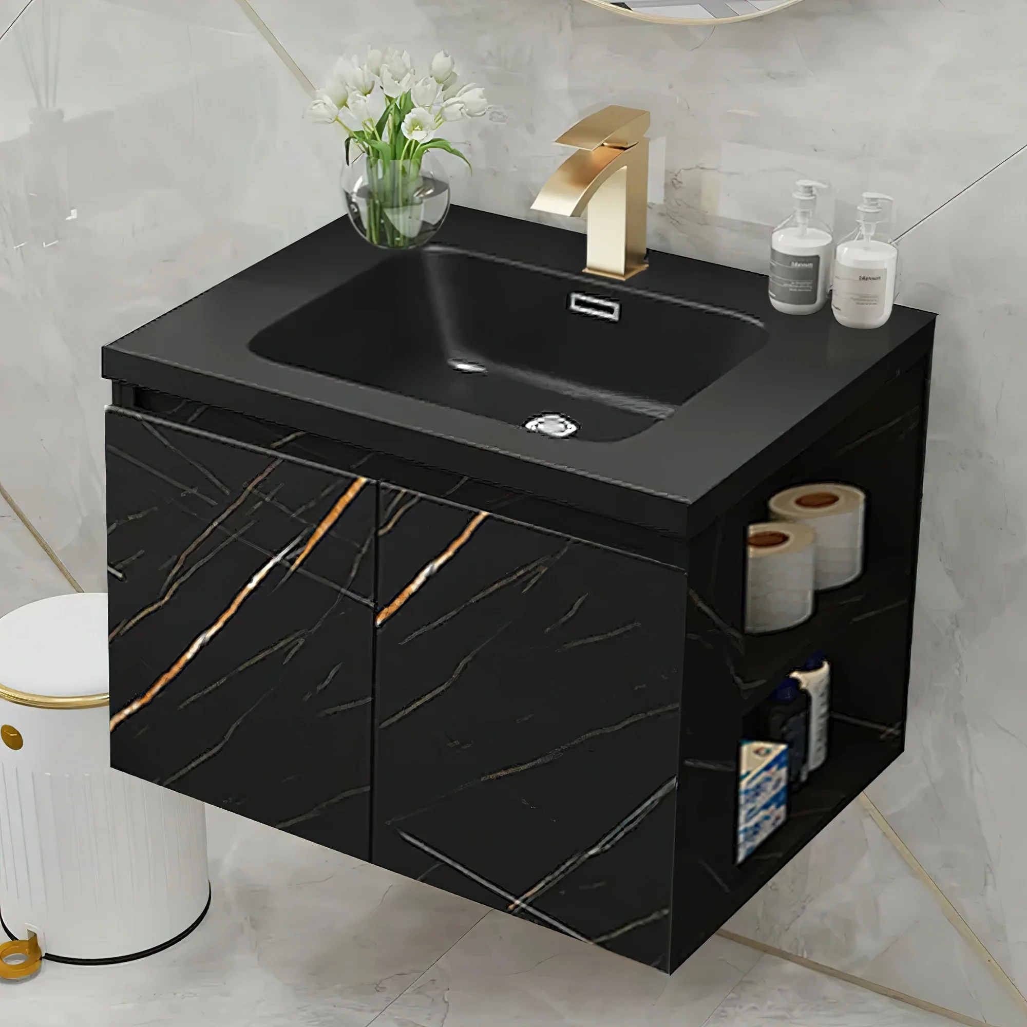 Light Luxury 27.6 in. Single Bathroom Vanity, Stone Countertop Wall Mounted Black Countertop Sink Connected Bathroom Vanity