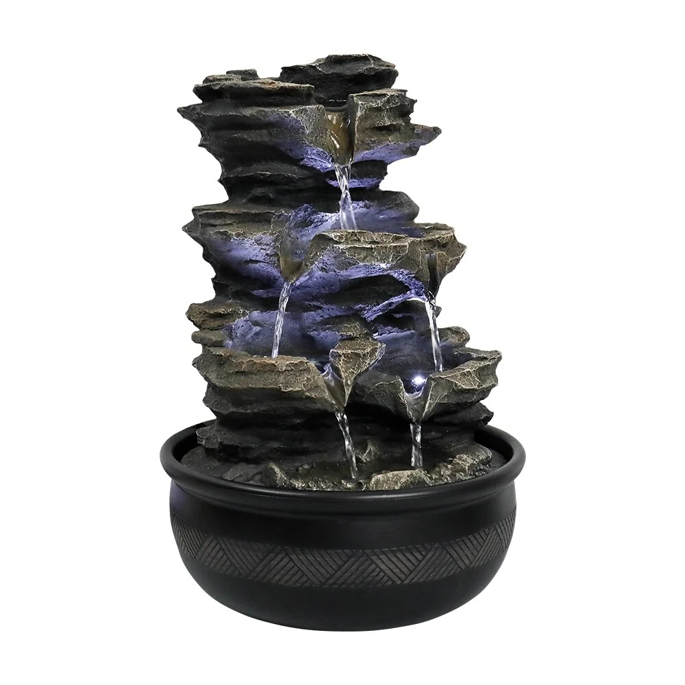 15.7in 4-Tier Cascading Rock Falls Tabletop Water Fountain w/LED Light