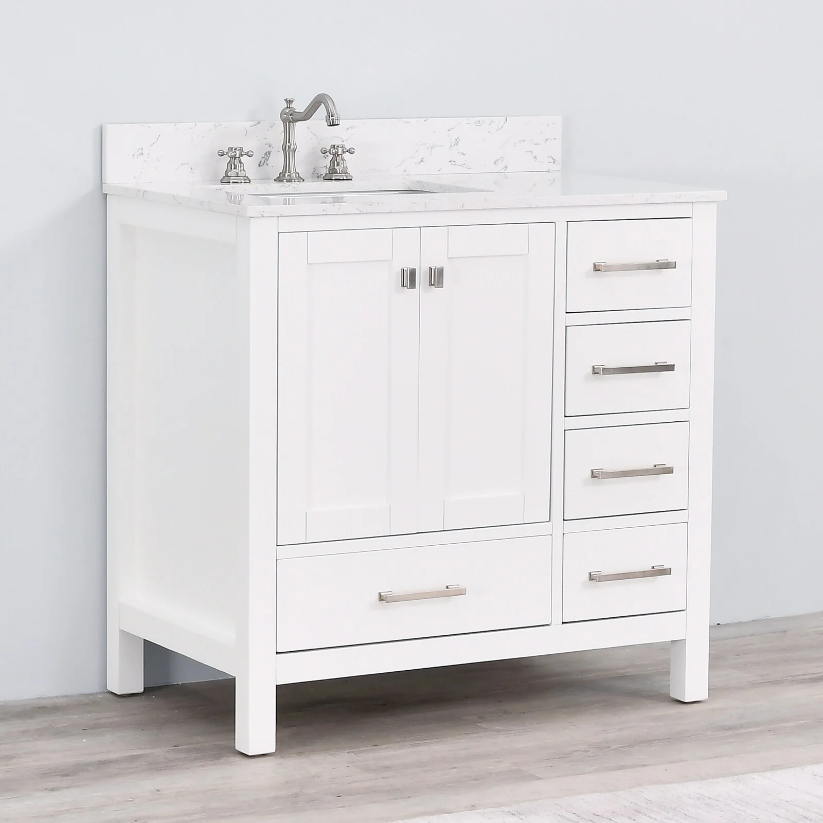 Prismatica 36 in. White Vanity with Countertop & Splash, Left Sink