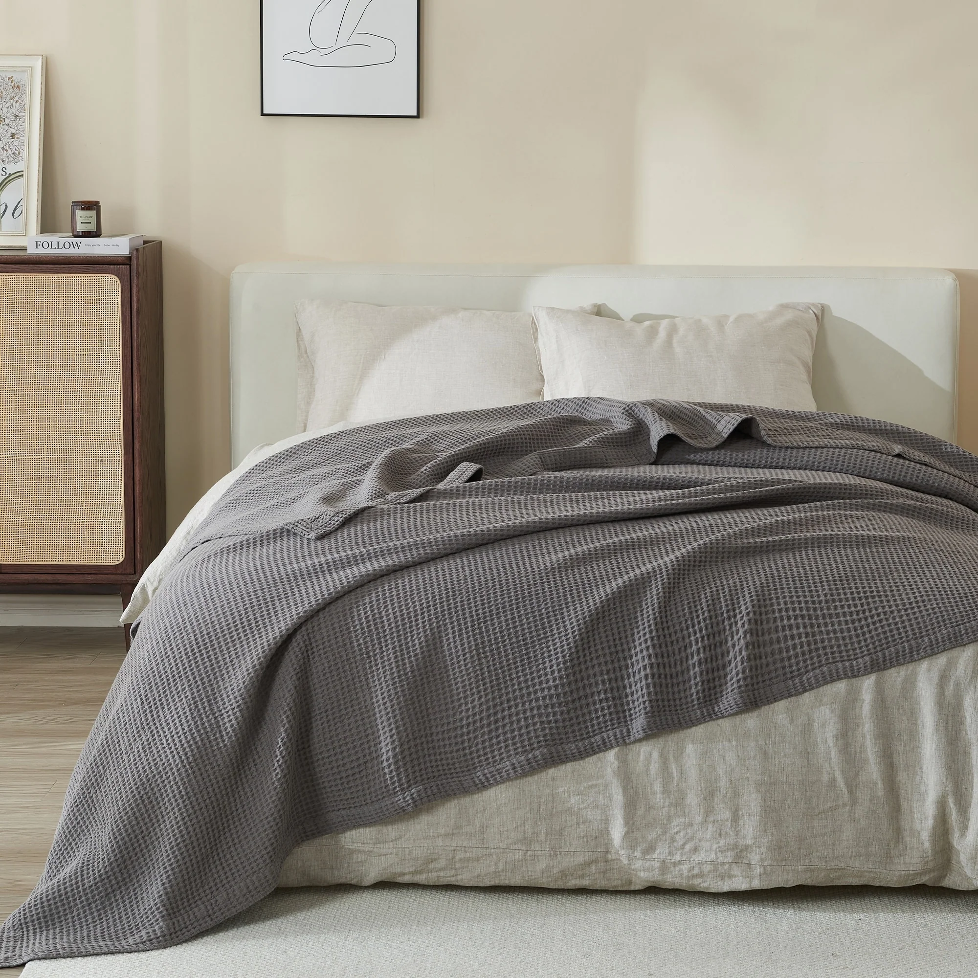 Linery & Co. 100% Cotton All-Season Lightweight Waffle Weave Knit Throw Blanket