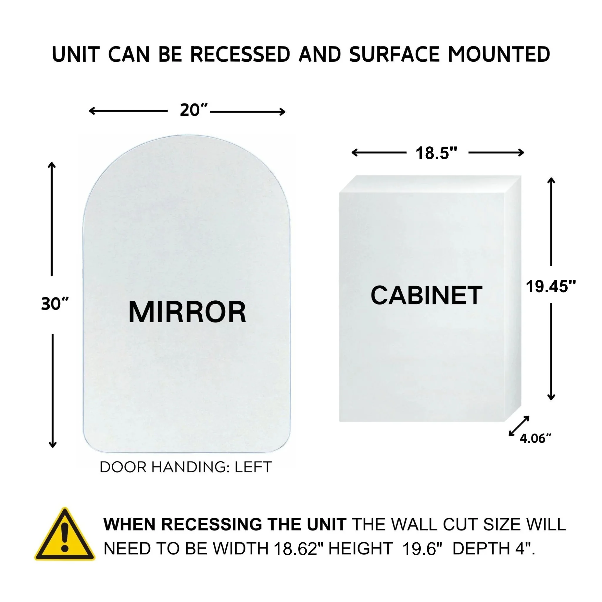 TEHOME Surface and Recessed Mount Frameless Arched Bathroom Medicine Cabinet with Mirror