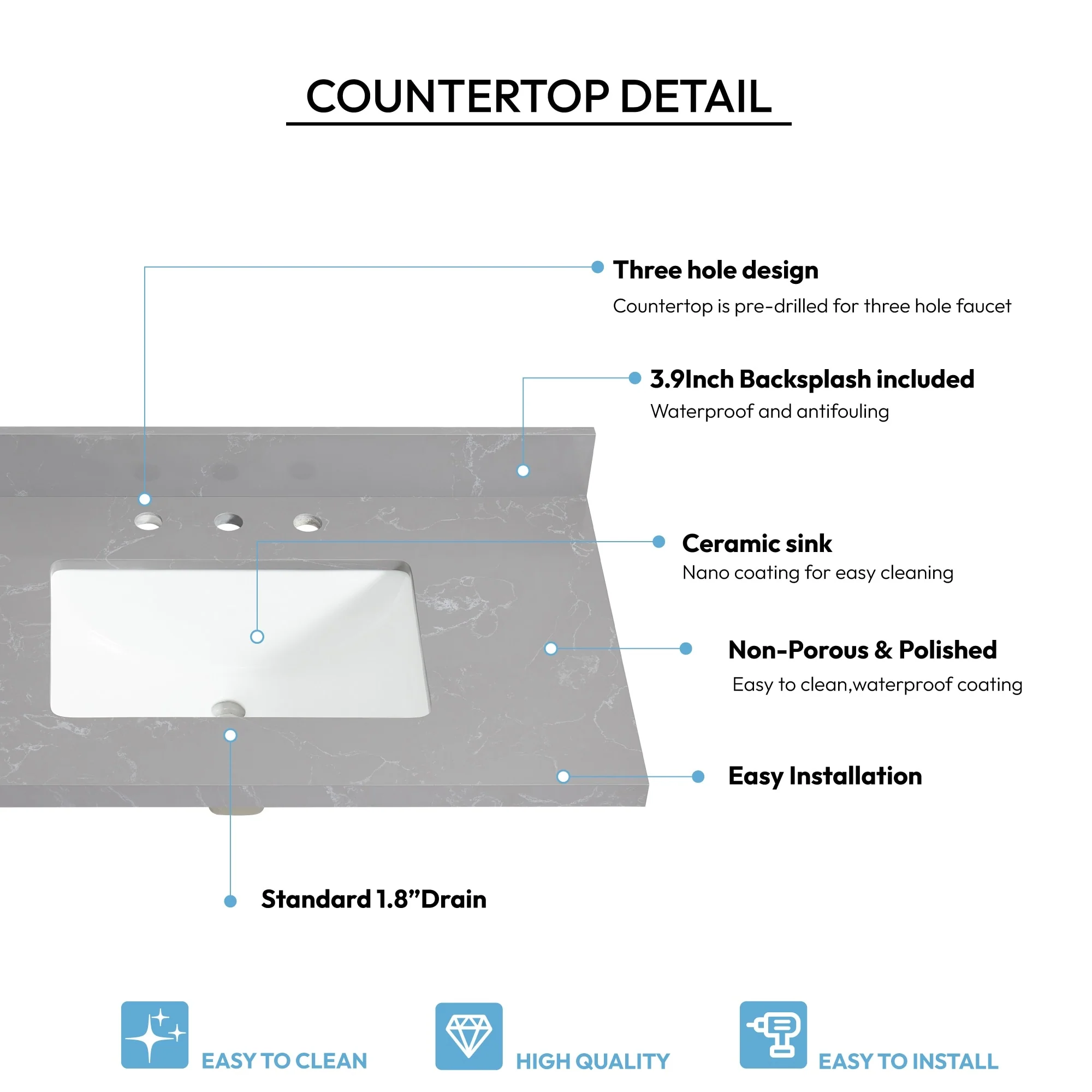 Jaen Composite Stone Vanity Top with White Rectangular Sink