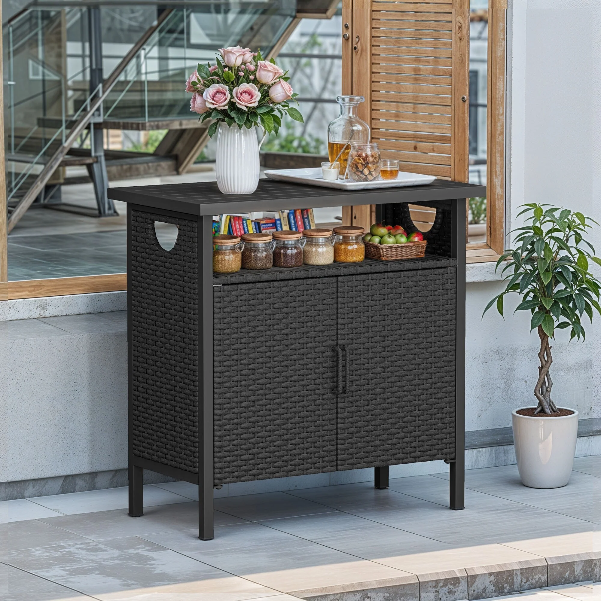 Moasis Outdoor Wicker Bar Table Ratten Storage Cabinet with 2 Doors and Shelves