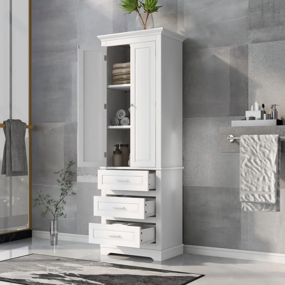 Tall Storage Cabinet with Three Drawers for Bathroom White