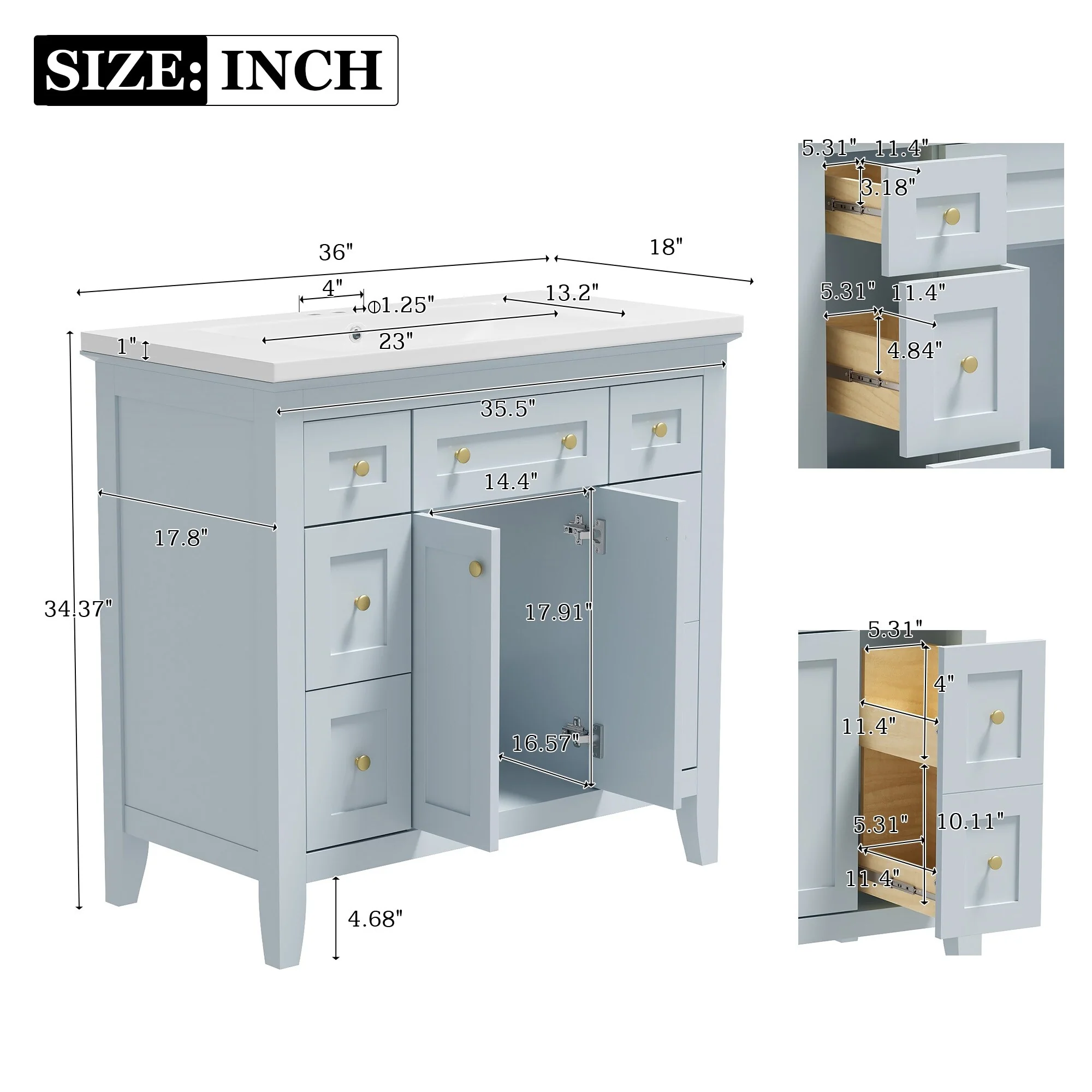 Modern Freestanding Single Bathroom Cabinet with 6 Drawers 2 Cabinets