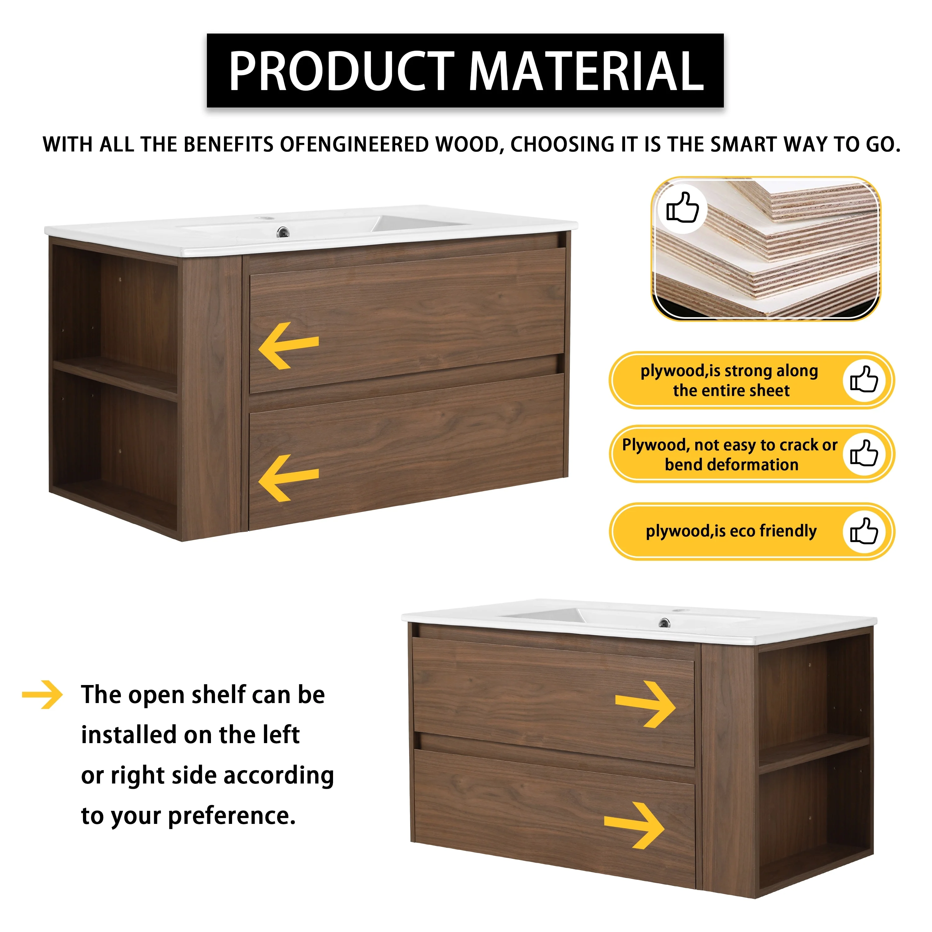 Beingnext 30''/36'' Single Sink Floating Bathroom Vanity with Soft Close Drawer and Adjustable Shelf