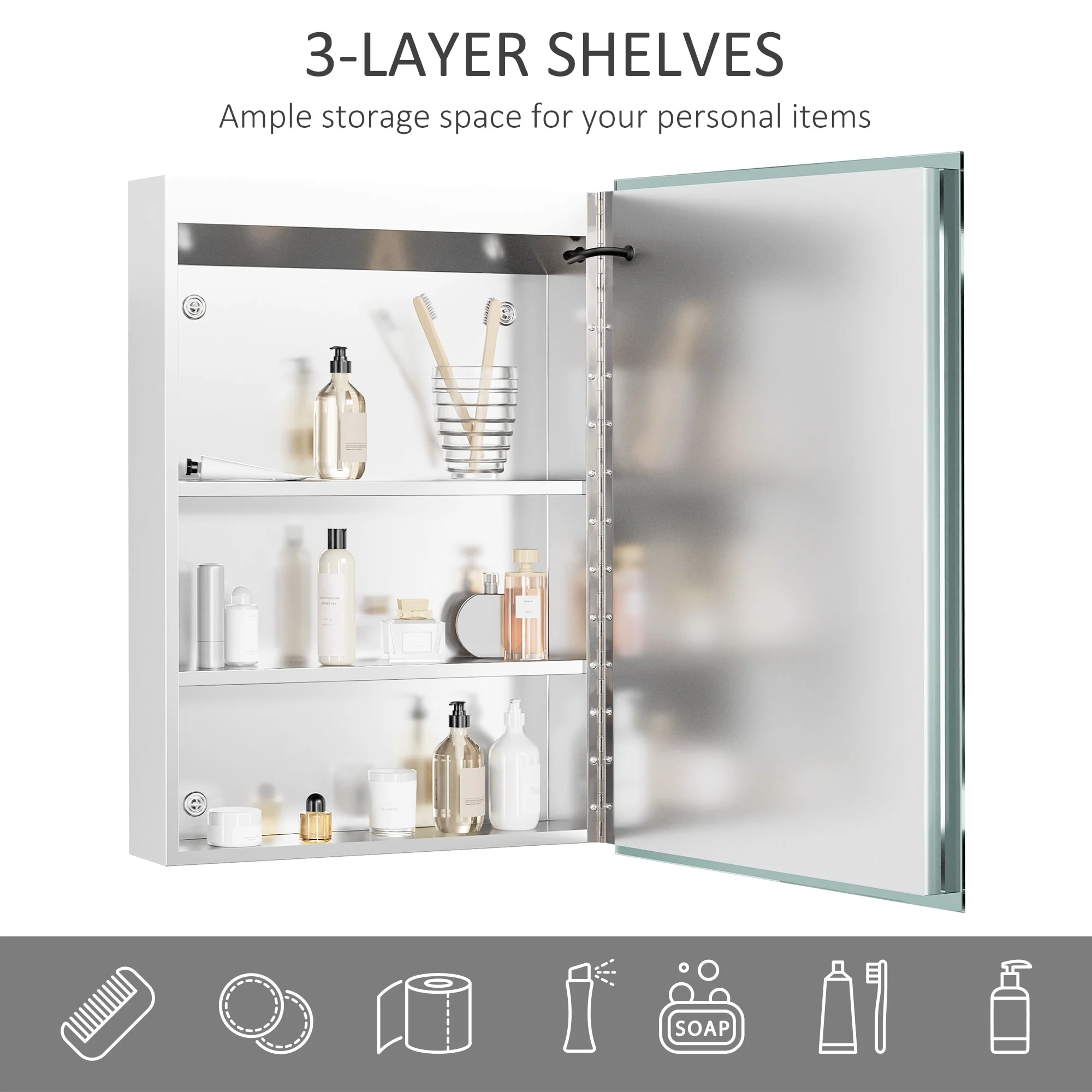 kleankin Dimmable LED Lighted Medicine Cabinet with Mirror, Wall-mounted Bathroom Cabinet w/ 3-tier Storage Shelves Smart Touch