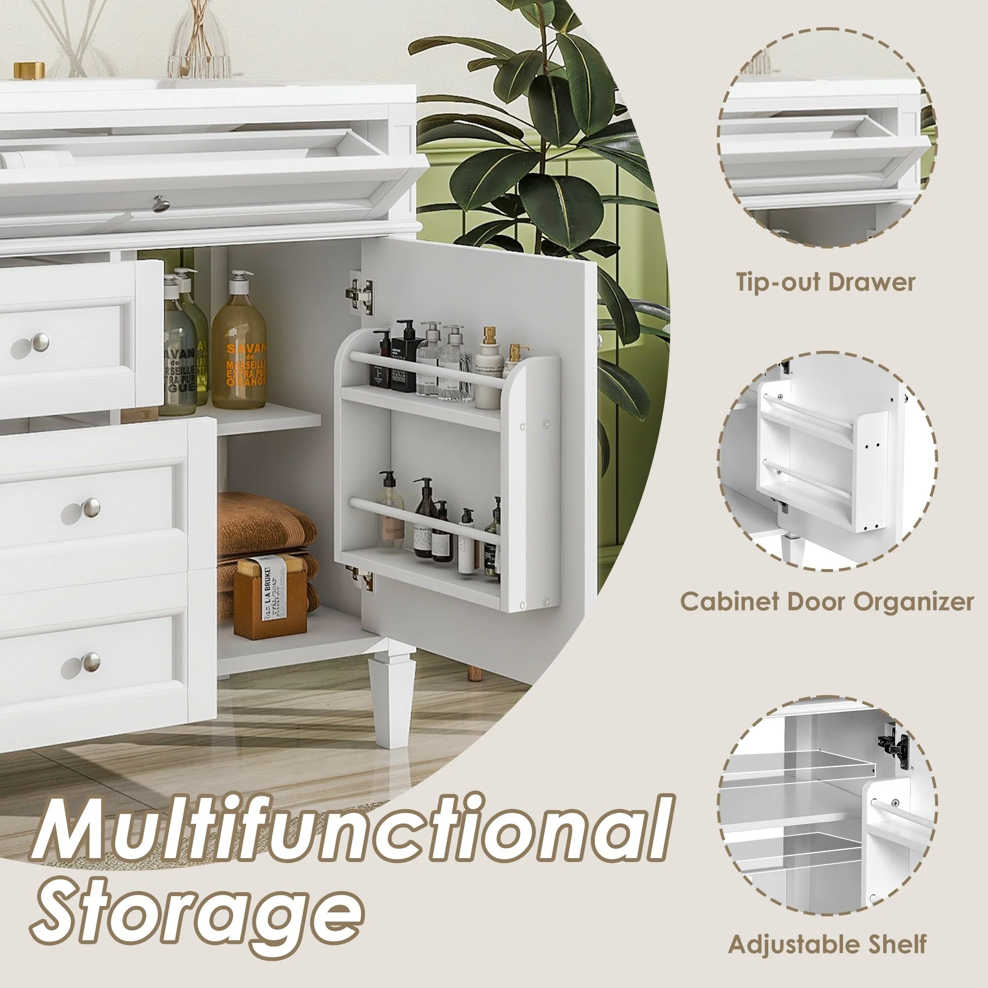 Bathroom Vanity with Single Sink, Bathroom Vanities with 2 Drawers, Bathroom Storage Cabinet with 1 Tip-Out Drawer and 1 Door
