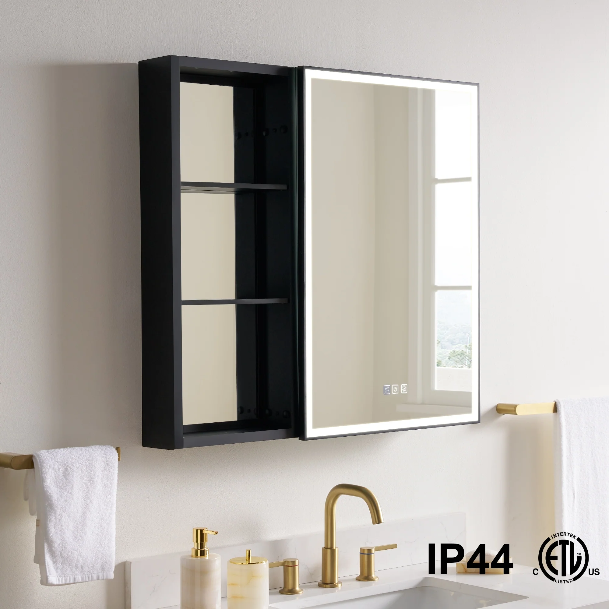 30 in. H Recessed or Surface Wall Mounted LED Mirror Cabinet With Black Side Cabinet