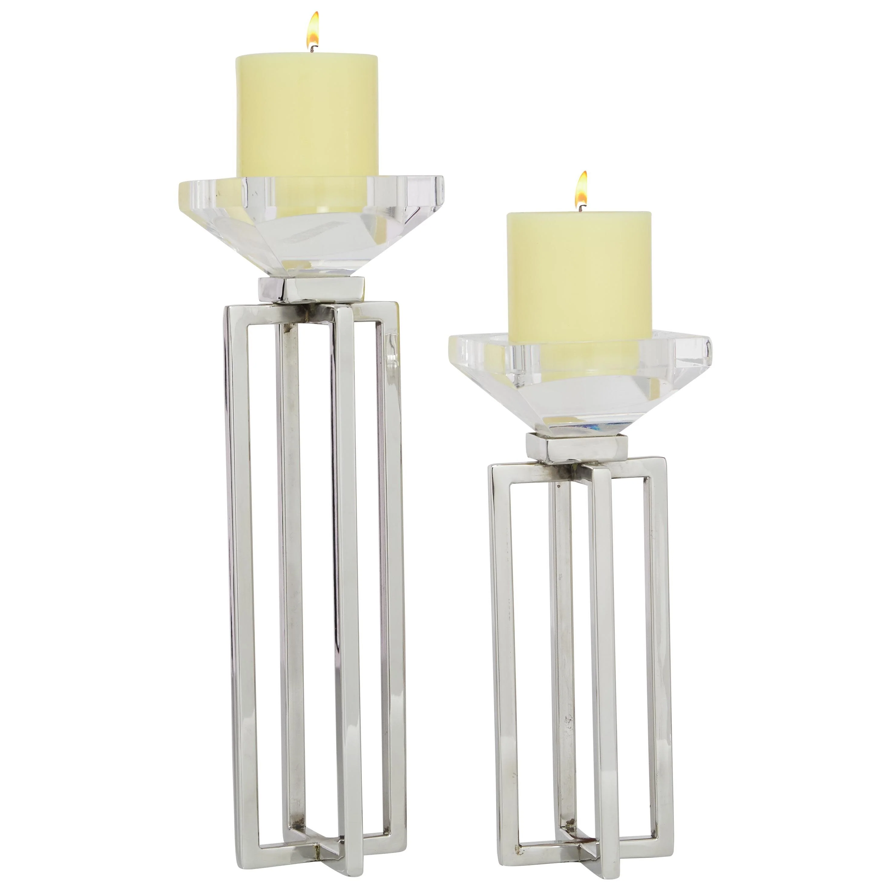 Stainless Steel Metal Geometric Decorative Candle Holder with Diamond Inspired Top - Set of 2 Silver - Roche River Decor