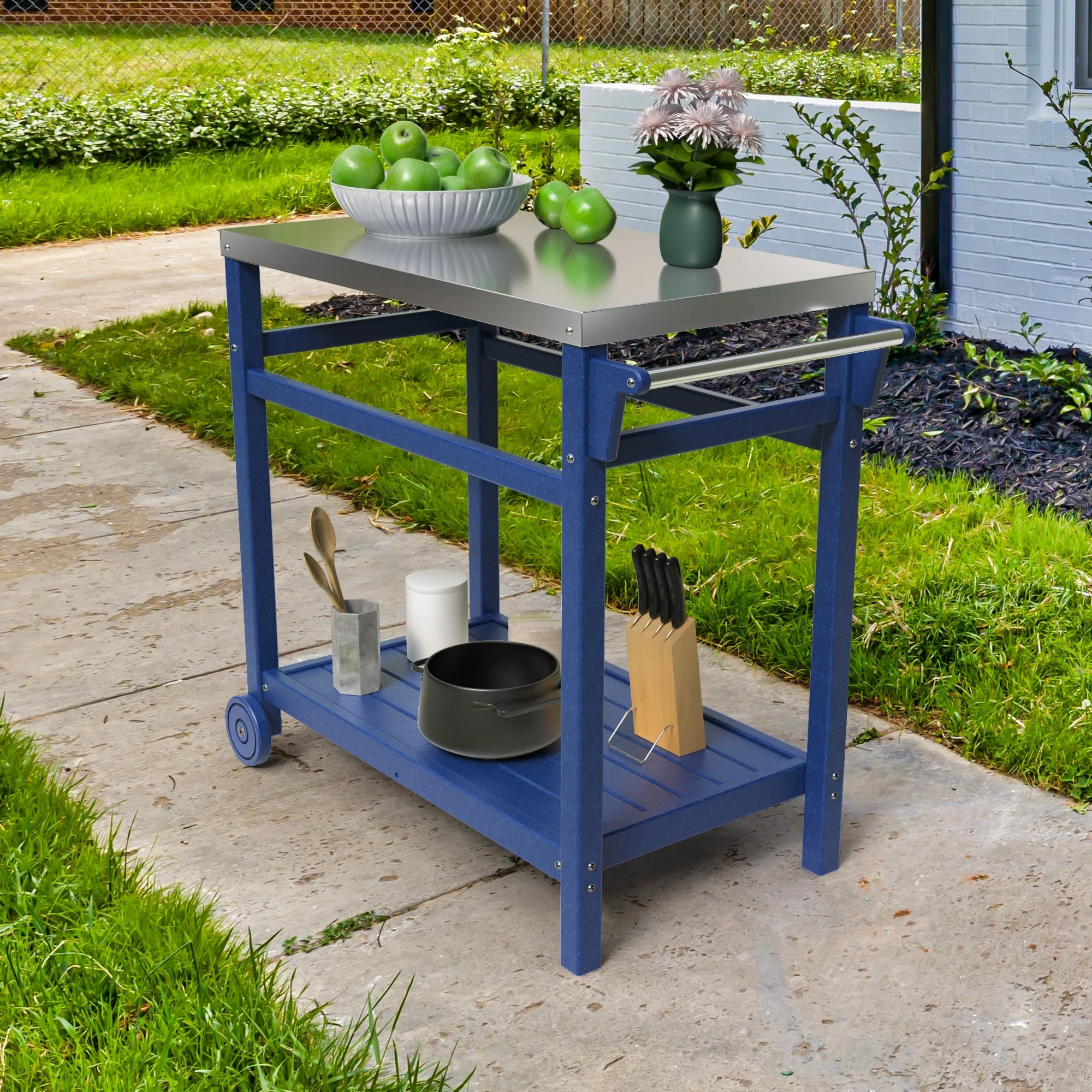 Outdoor Black Steel Movable Dining Cart Table for Patio Grilling