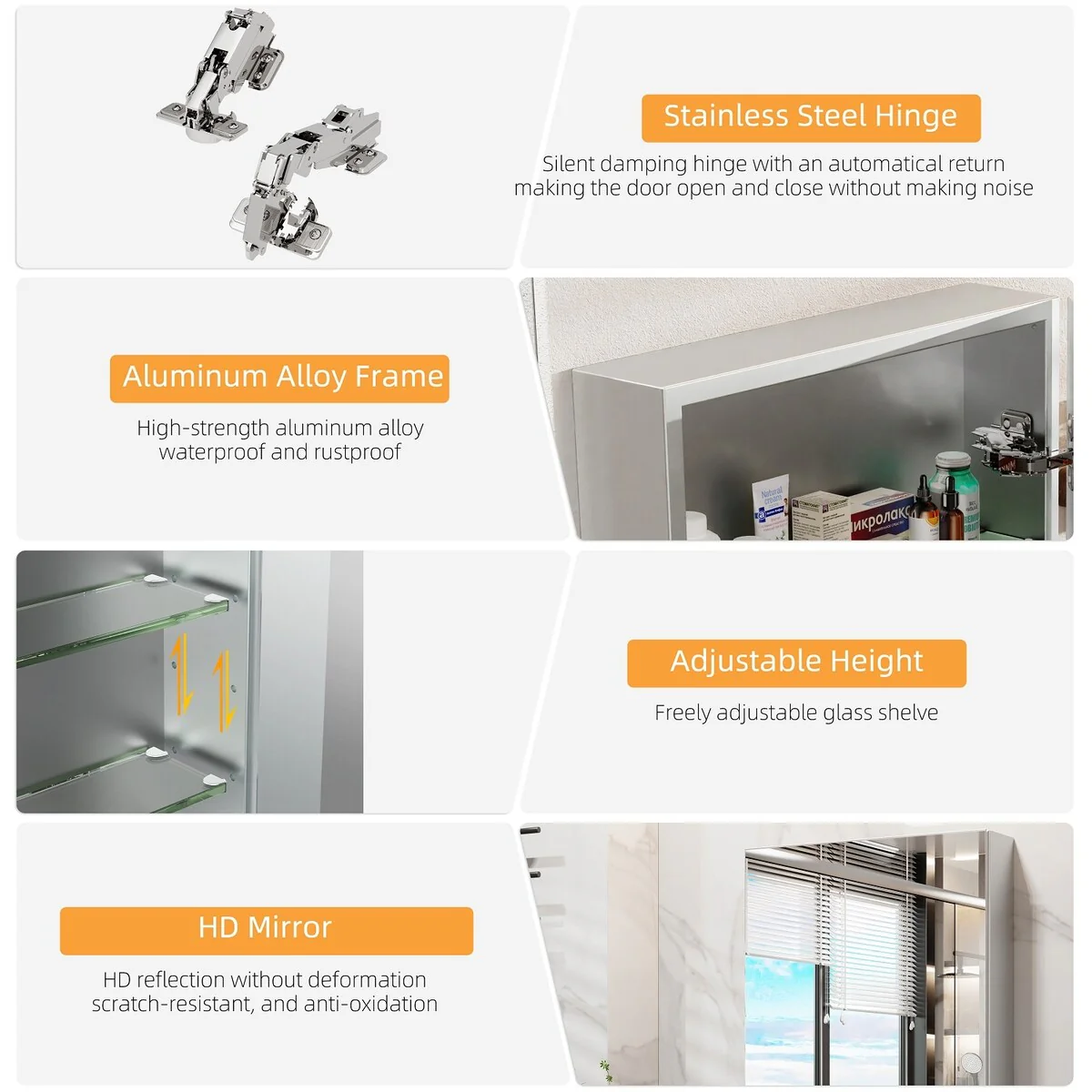 Double Side Frameless Mirrored Medicine Cabinet with 2 Adjustable Tempered Glass Shelves