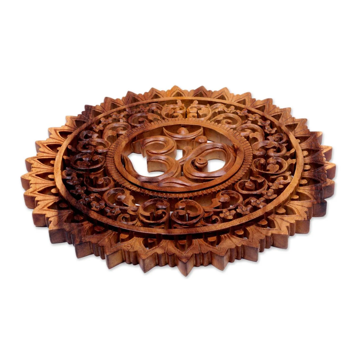 Handmade Lotus Om Wood Relief Panel (Indonesia)