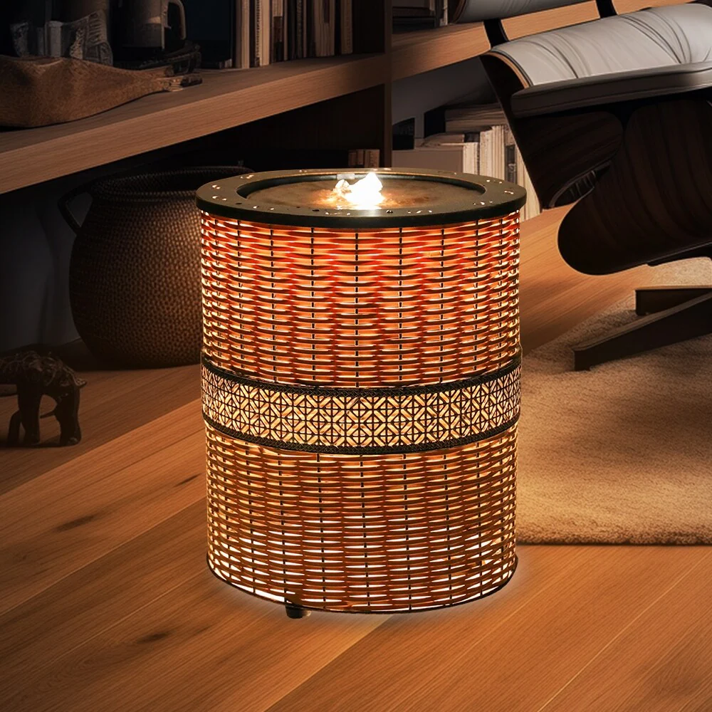 Indoor 16.9in H Round Rattan Water Fountain w/LED Light for Home Decor