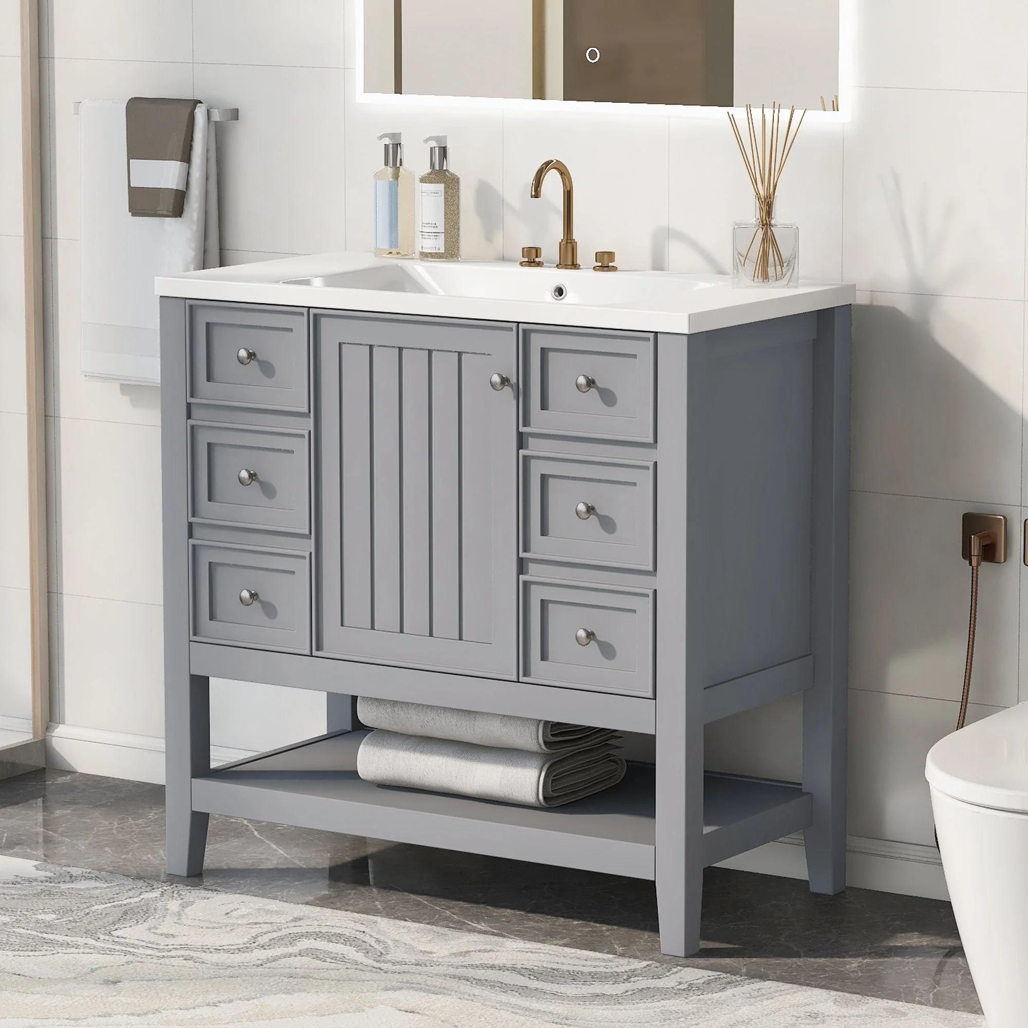 36 Inch Freestanding Bathroom Vanity Set with Drawers and Ceramic Sink