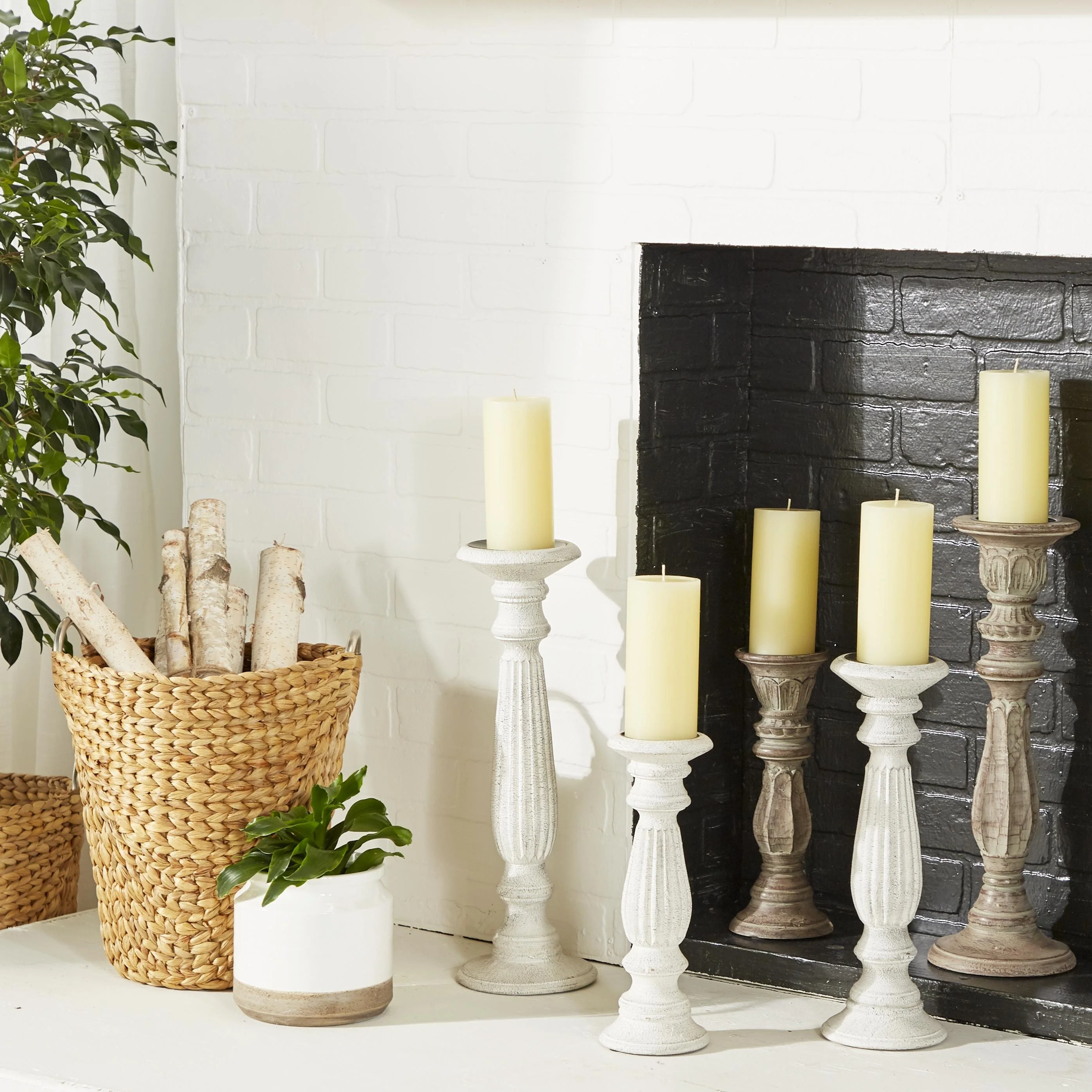 Traditional Mango Distressed Turned Pillar Wood Candle Holder (Set of 3) - Dark Brown, Beige, White