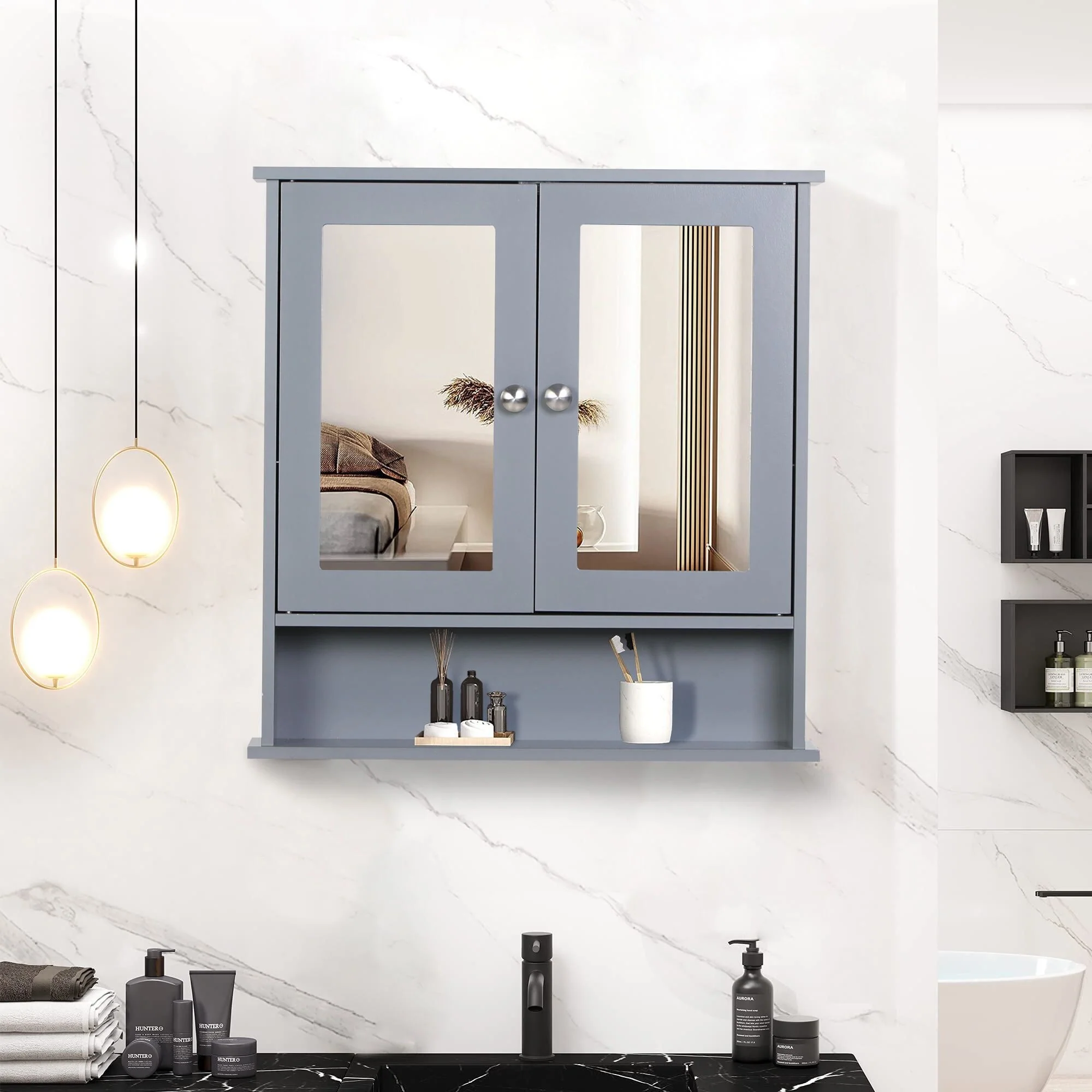2-Door Medicine Cabinet Bathroom Wall Cabinet with Double Mirror Doors