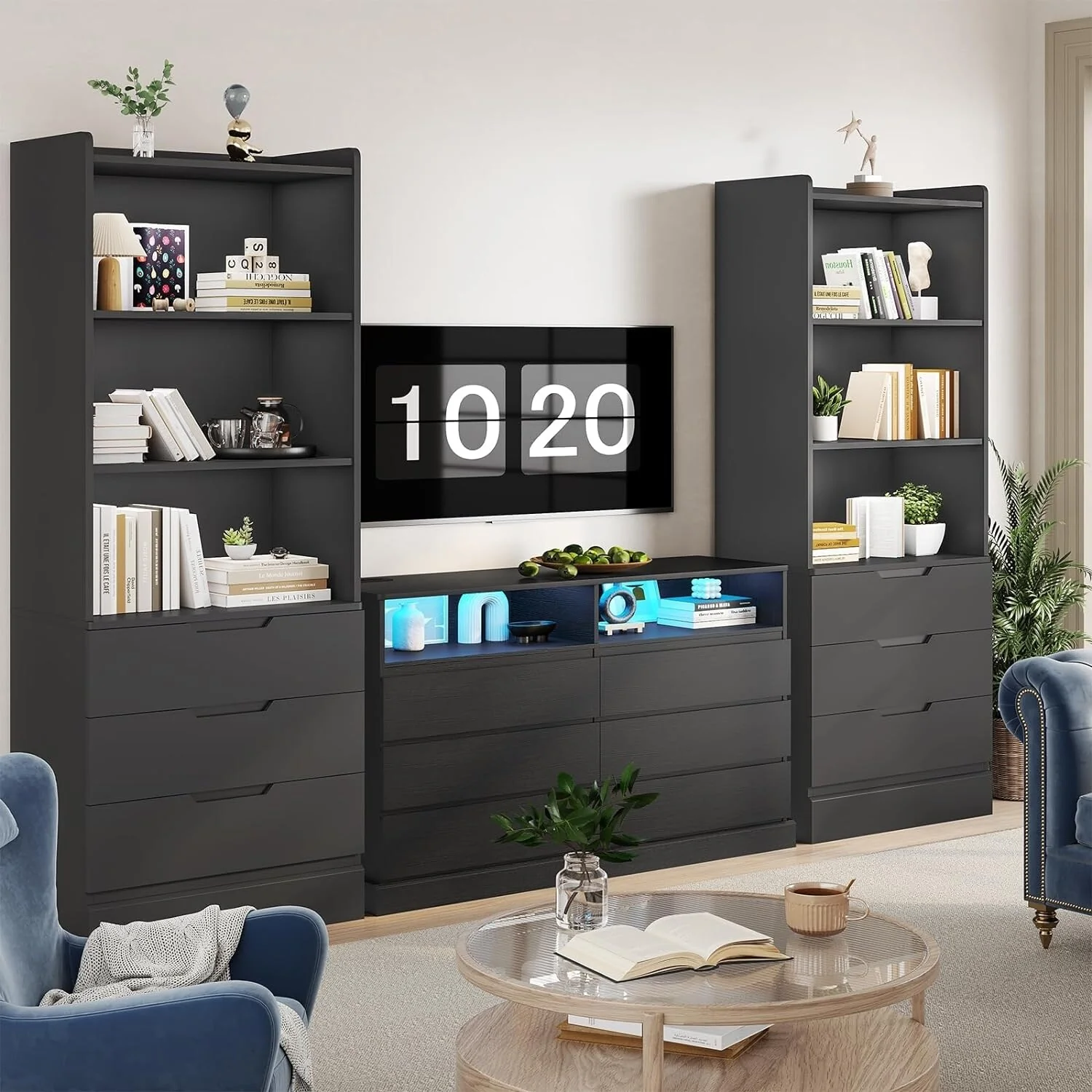 Kitchen Storage Cabinet Bookcase 3 Drawers Open Shelves - N/A